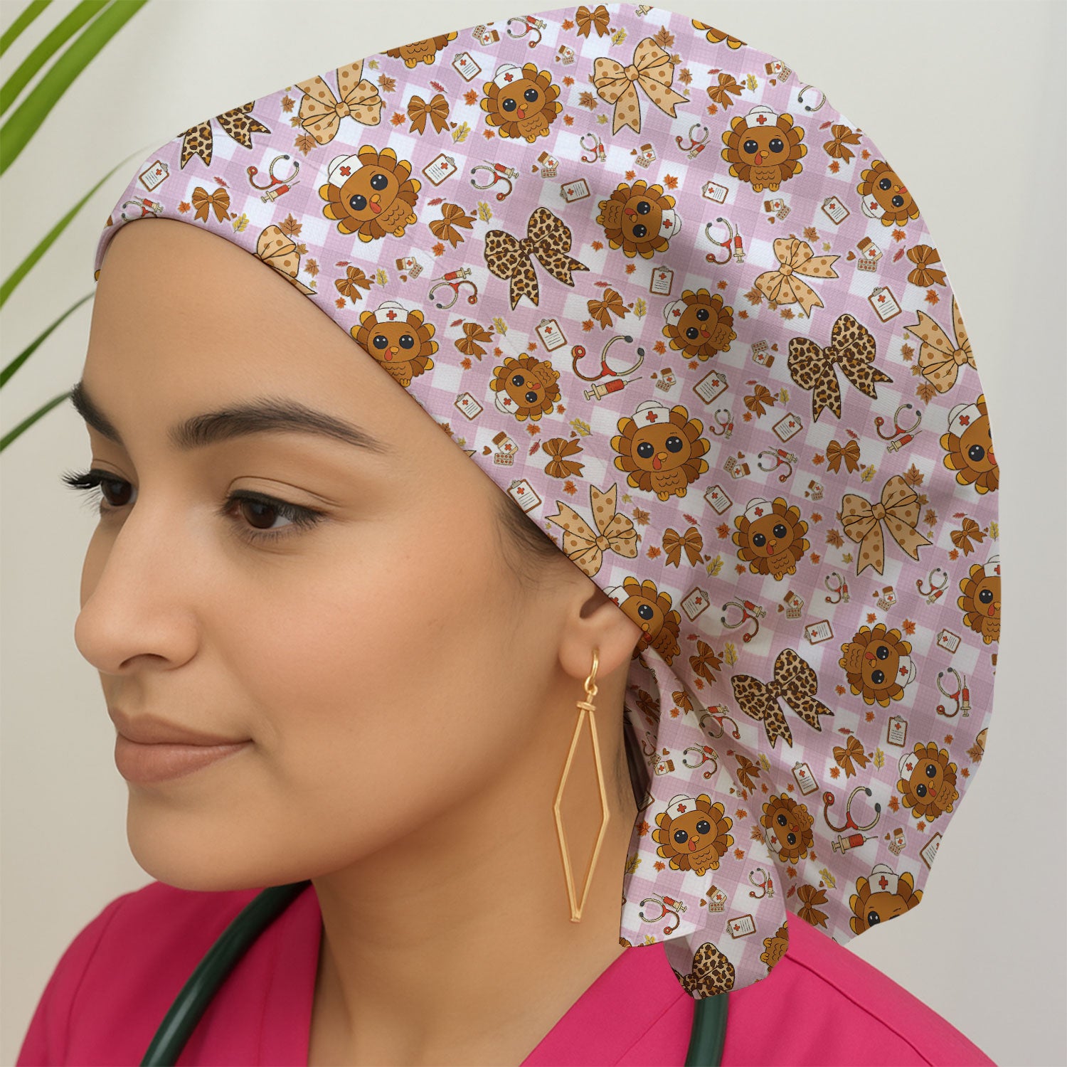 Thanksgiving Bouffant Scrub Caps for Women - Cute Turkey Holiday Nursing Gift - Fall Leaves and Bow Caps