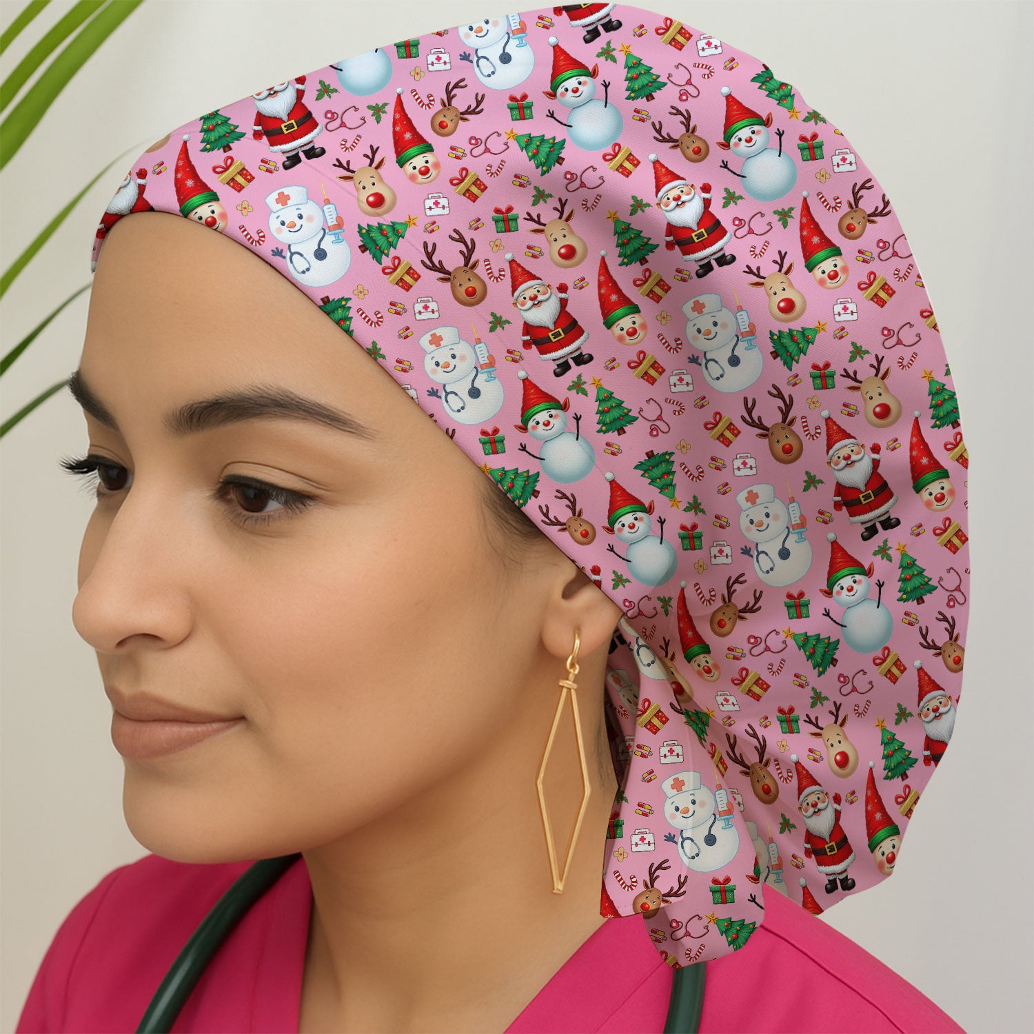 Christmas Bouffant Scrub Caps for Women - Cute Snowman Reindeer Santa Surgical Caps for Doctors - Breathable Fabrics Caps Uniform