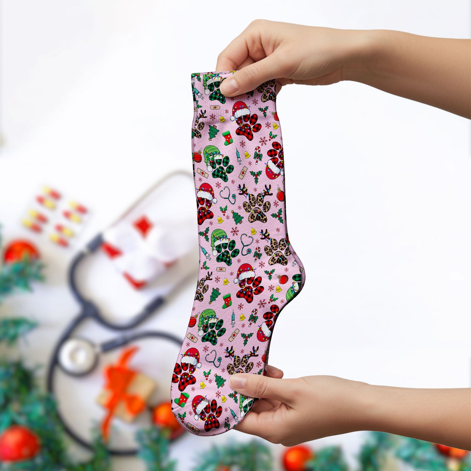 Dog Paw Print Christmas Socks for Nurse Doctor - Cute Leopard Pattern Adult Socks for Men and Women - Breathable Medical Uniform