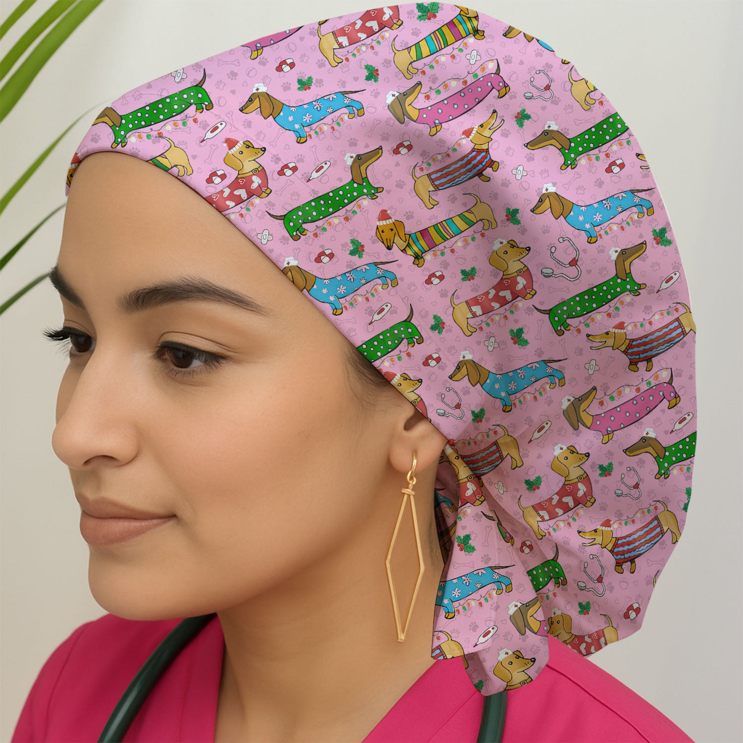 Funny Dachshund Bouffant Scrub Caps for Women - Cute Wiener Dog Holiday Nursing Gift - Puppy Lover Gift