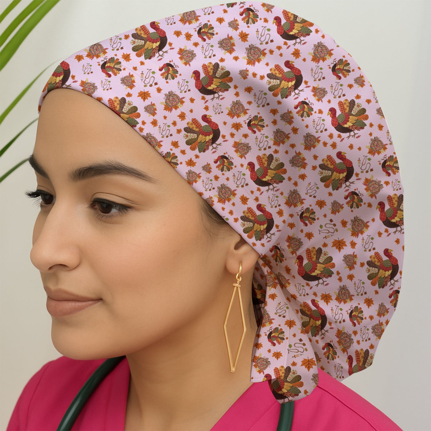 Fall Leaves Thanksgiving Bouffant Scrub Caps for Women - Breathable Fabrics Caps Uniform - Funny Turkey Surgical Caps for Doctors