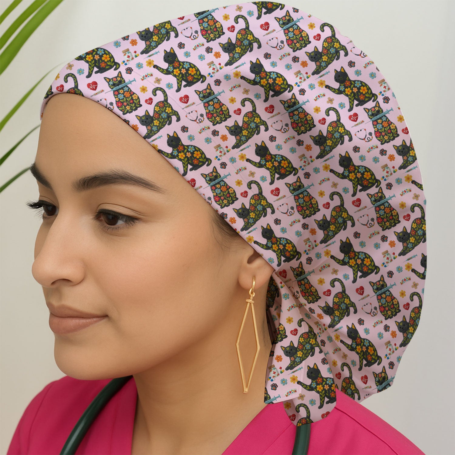 Floral Black Cat Pattern Scrub Cap, Cute Cat Nurse Scrub Hat, Medical Nursing Uniform