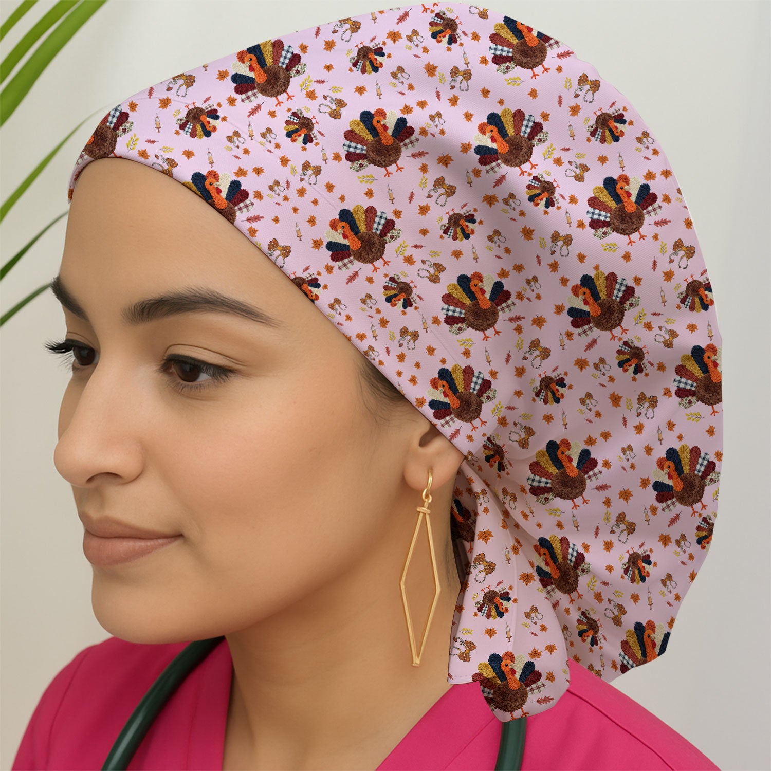 Thanksgiving Bouffant Scrub Caps for Women - Funny Autumn Turkey Surgical Caps for Doctors - Breathable Fabrics Caps Uniform