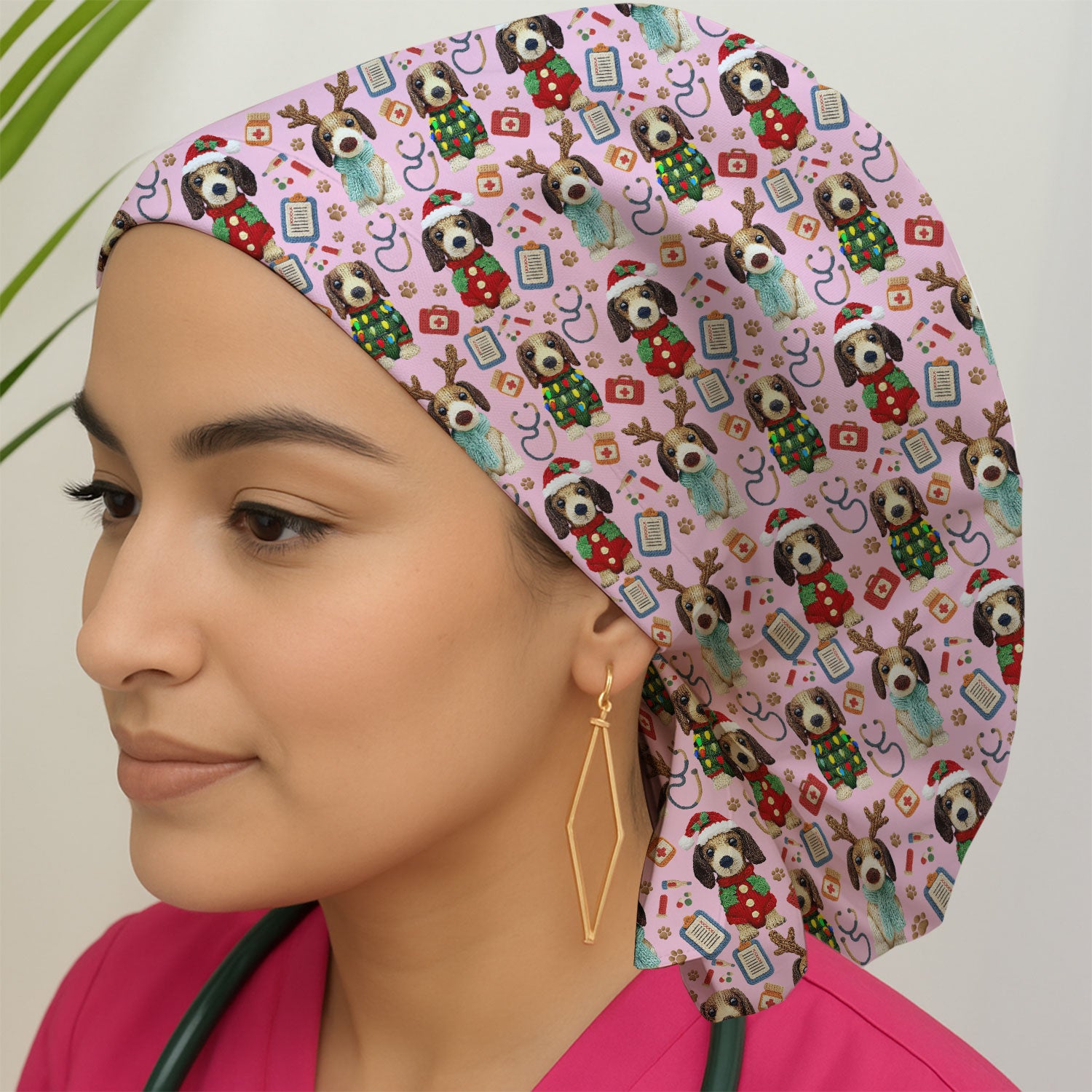 Christmas Wiener Dog Bouffant Scrub Caps for Women - Winter Dachshund Holiday Nursing Gift - Breathable Fabrics Caps Uniform