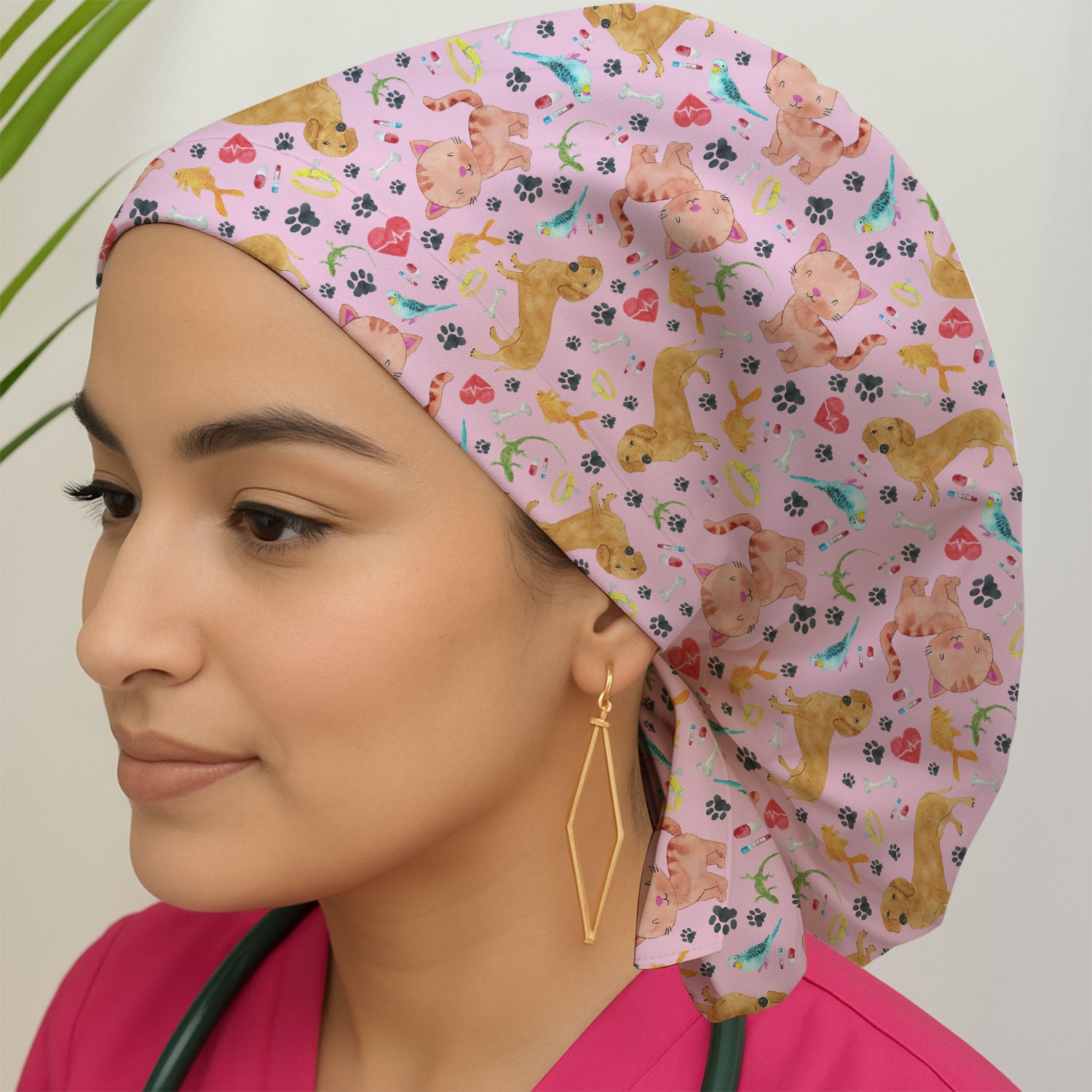 Cute Cat Dog Bouffant Scrub Caps for Women - Funny Veterinary Surgical Caps for Doctors - Breathable Fabrics Caps Uniform