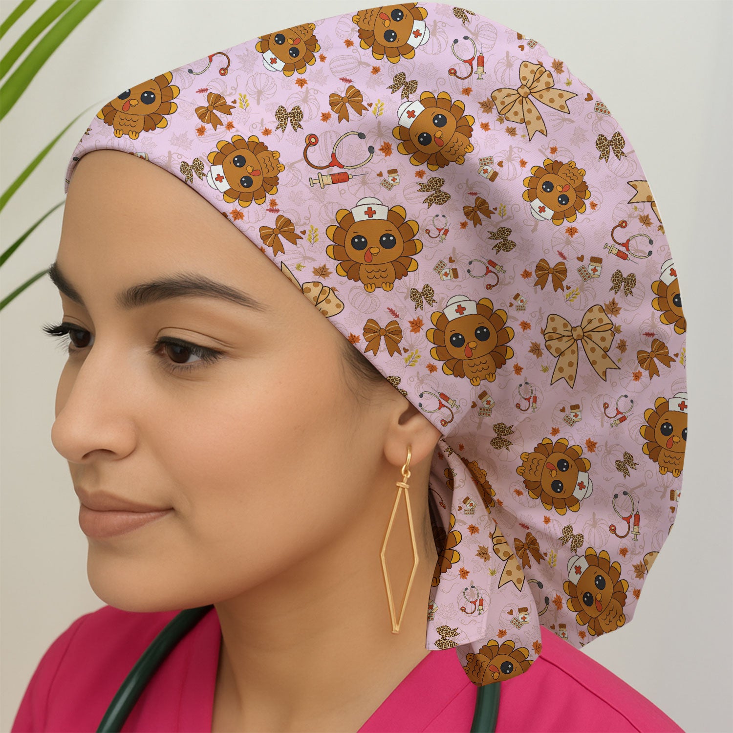 Thanksgiving Bouffant Scrub Caps for Women - Fall Leaves and Bow Holiday Nursing Gift - Breathable Fabrics Caps Uniform