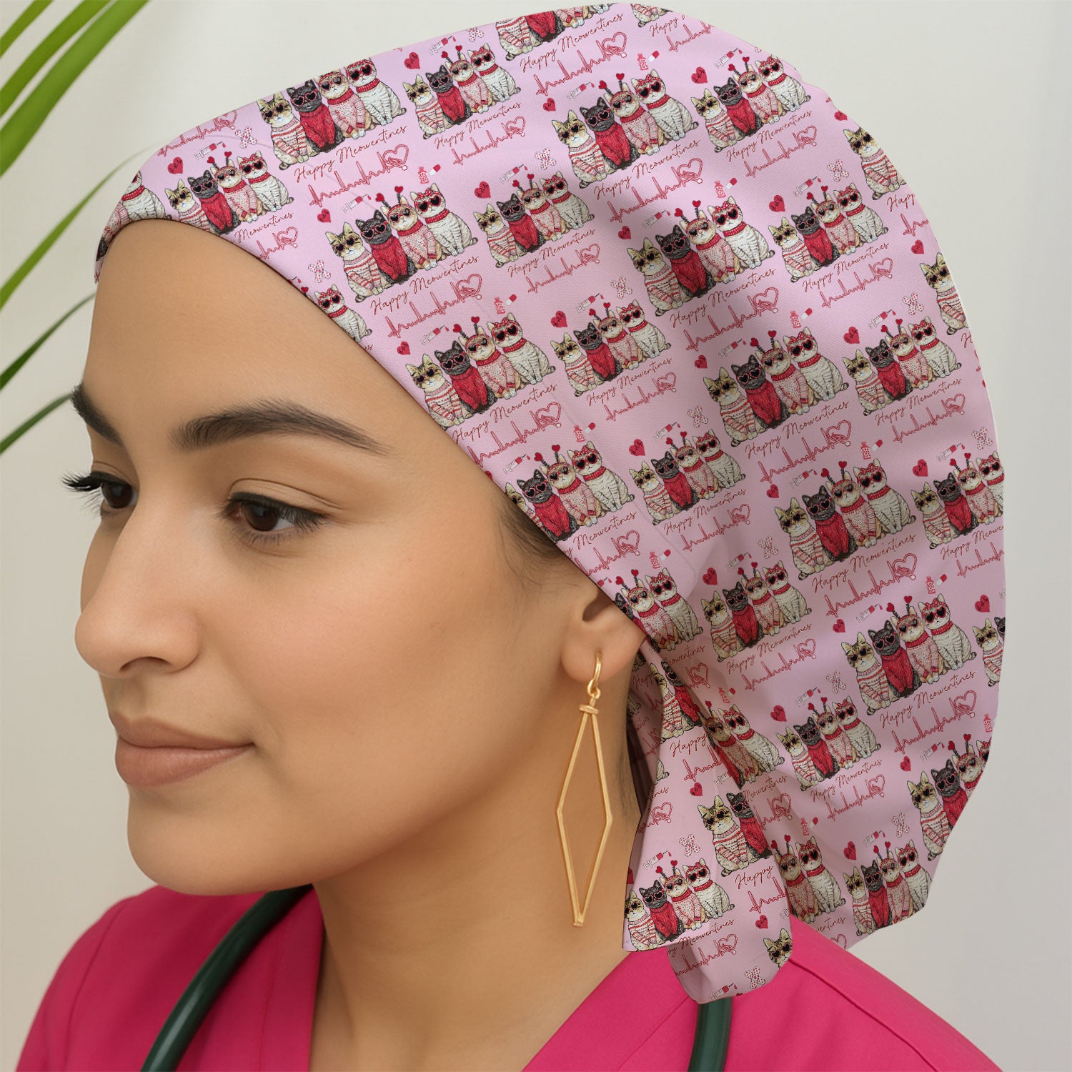 Happy Meowtines Cat Pattern Scrub Cap, Valentine Cat Lover Nurse Scrub Hat, Heartbeat Medical Pattern Nursing Uniform