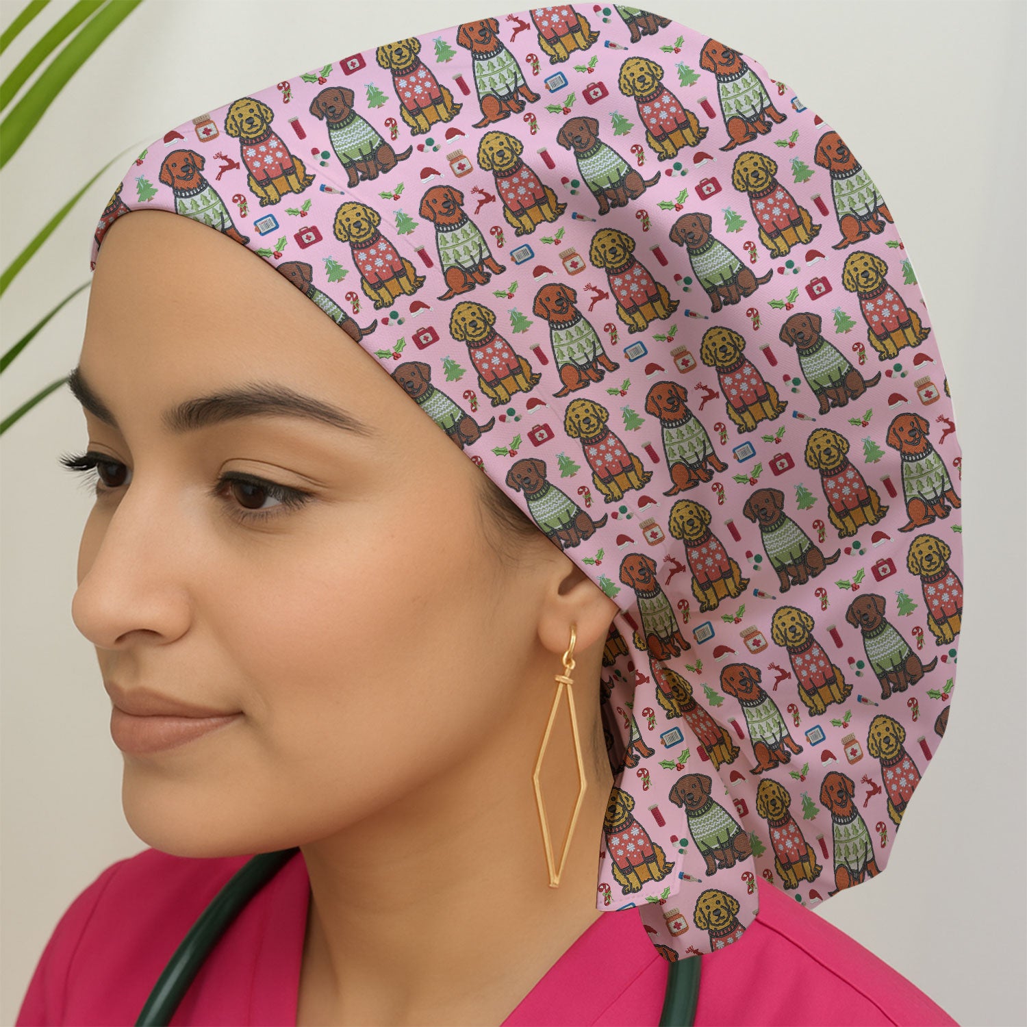 Golden Retriever Christmas Scrub Cap, Cute Holiday Dog Nurse Pattern Hat, Breathable Fabrics Nursing Uniform