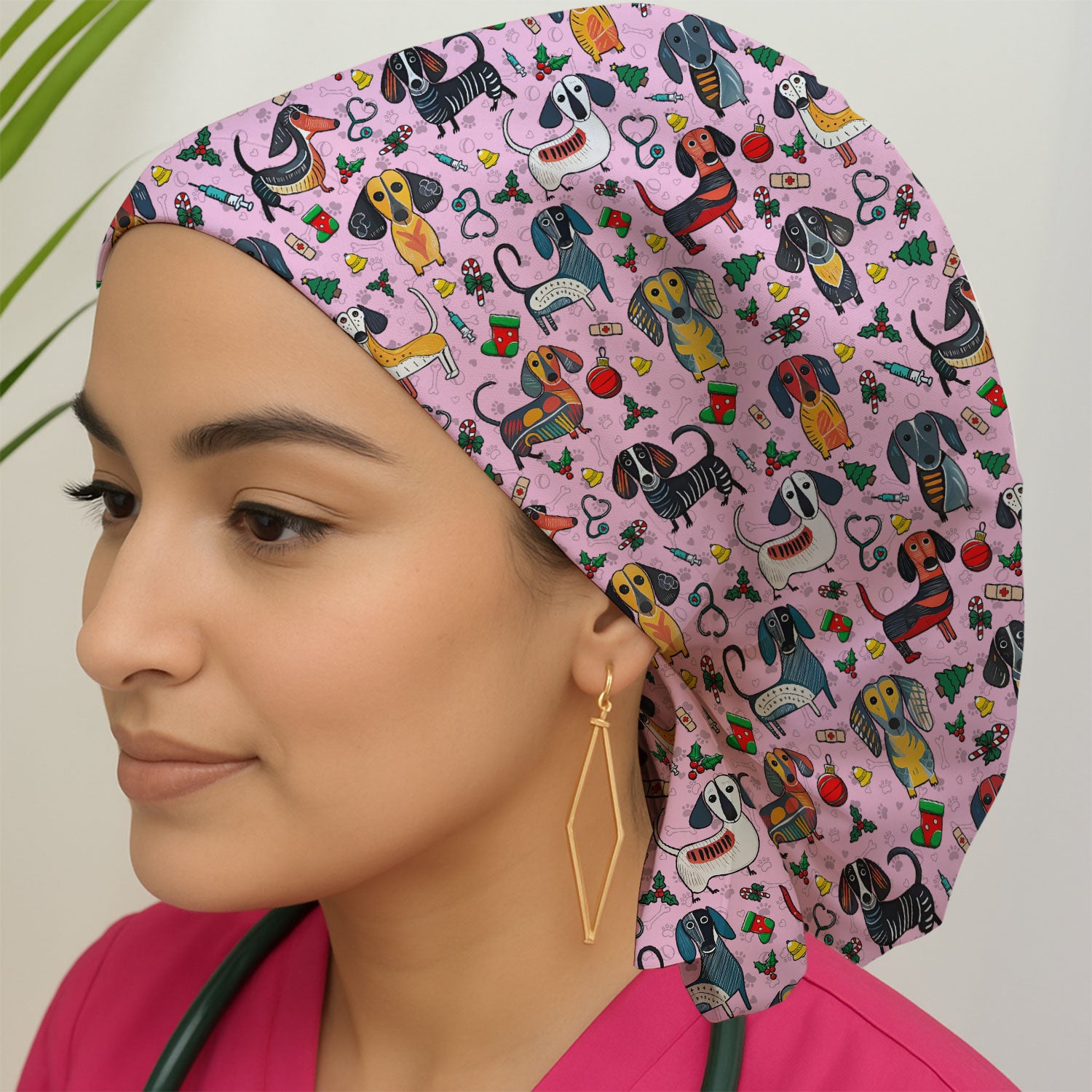 Christmas Wiener Dog Bouffant Scrub Caps for Women - Dachshund Holiday Nursing Gift - Breathable Fabrics Caps Uniform