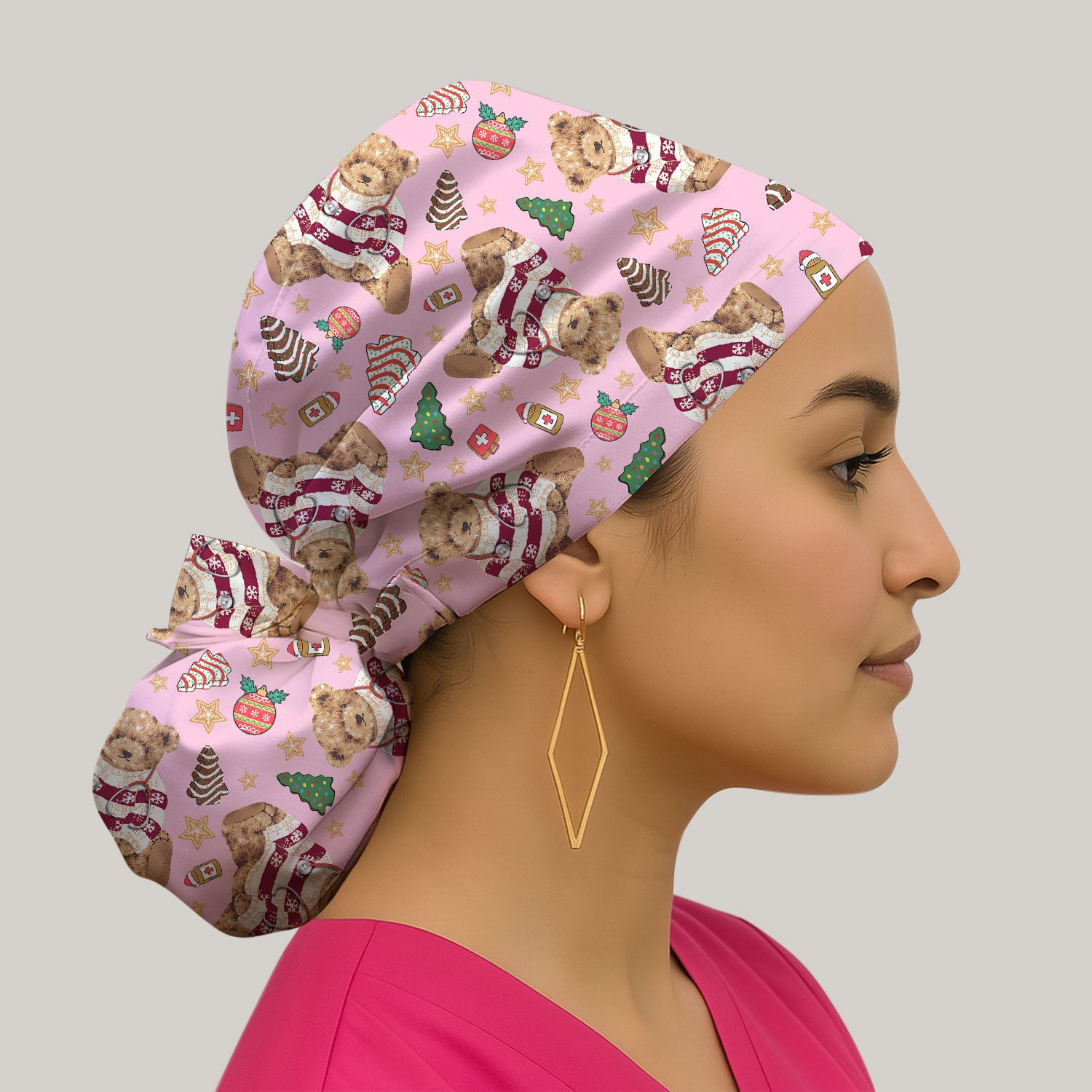 Teddy Bear Christmas Bouffant Scrub Caps for Women - Festive Holiday Nursing Gift - Breathable Fabrics Caps Uniform