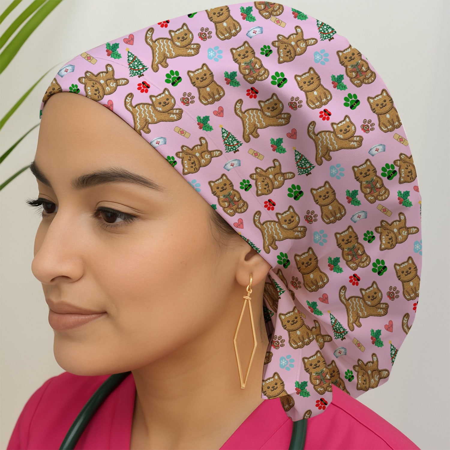 Gingerbread Cat Christmas Scrub Cap, Cute Holiday Kitty Medical Uniform Hat For Nursing, Festive Nurse Pattern