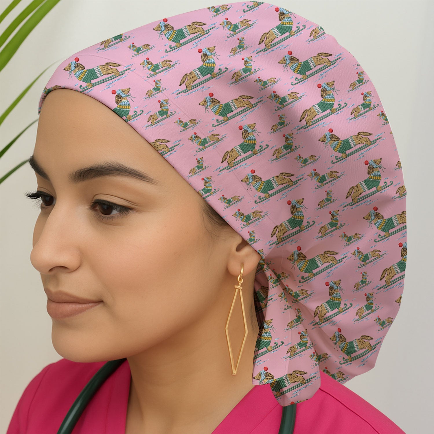 Dachshund Nurse Scrub Cap, Wiener Dog Winter Pattern Hat, Breathable Fabrics Nursing Uniform