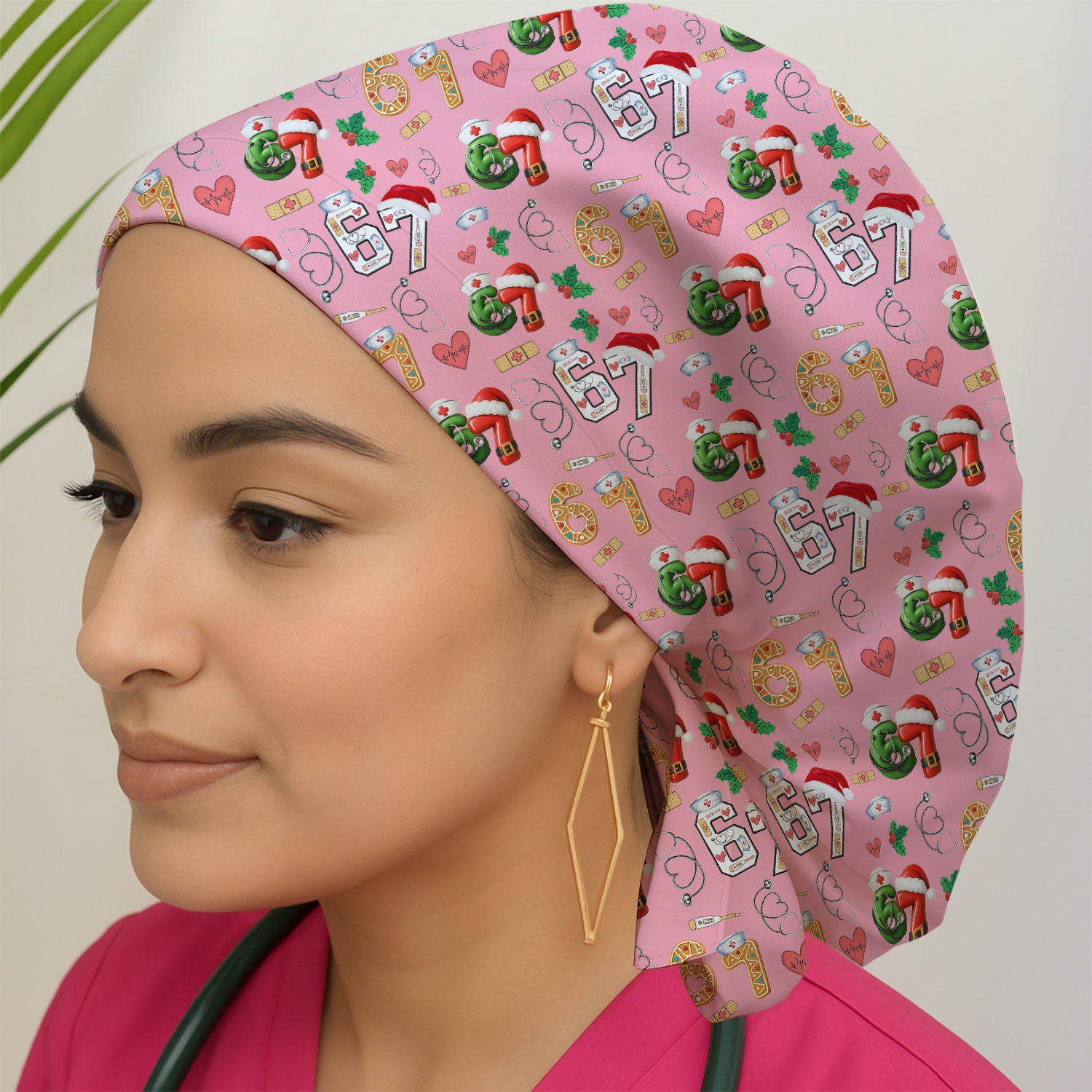 Christmas Nurse 67 Pattern Scrub Cap, Cute Holiday Medical Hat With Santa Hat, Uniform For Nursing