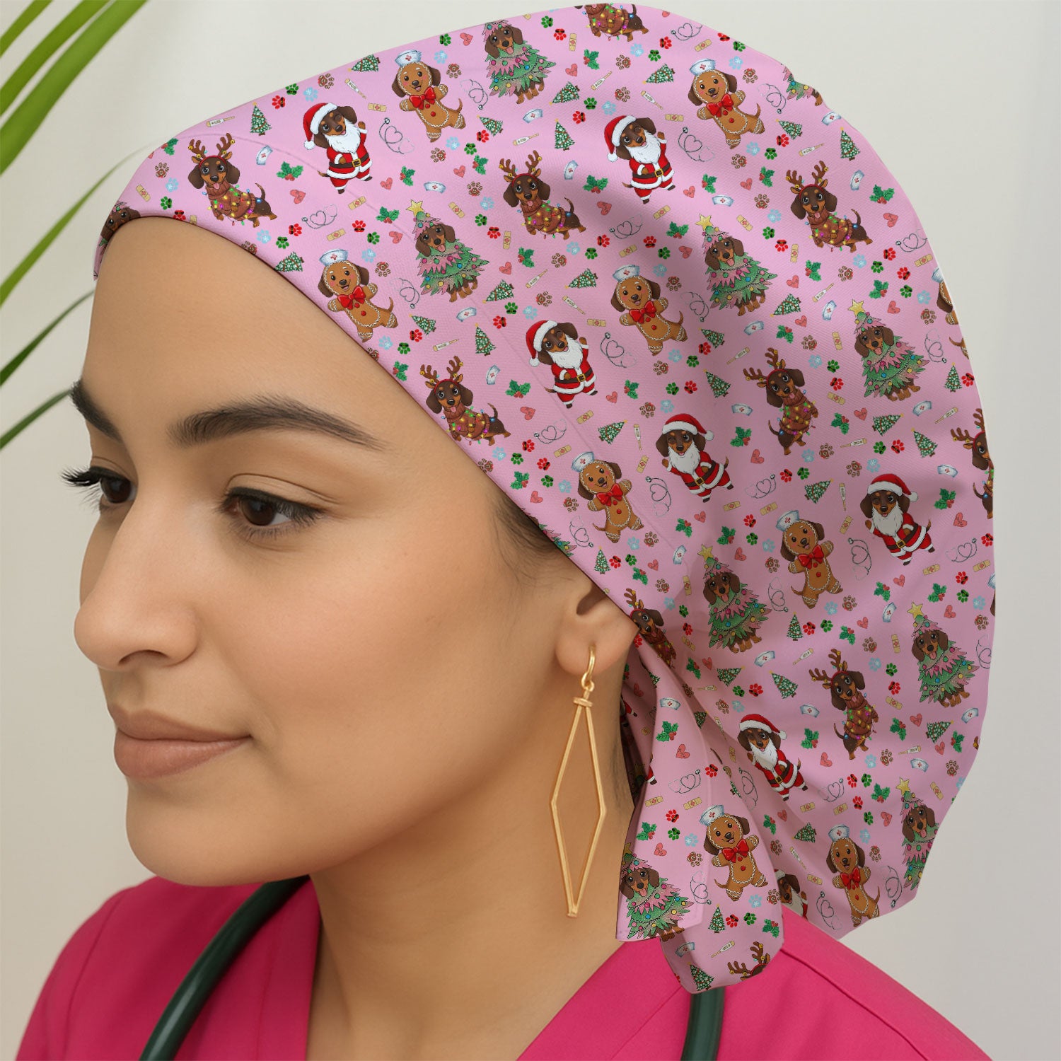 Wiener Dog Christmas Scrub Cap – Funny Dachshund Pattern Medical Cap – Festive Holiday Uniform for RN, LPN, CNA, and Vet Techs