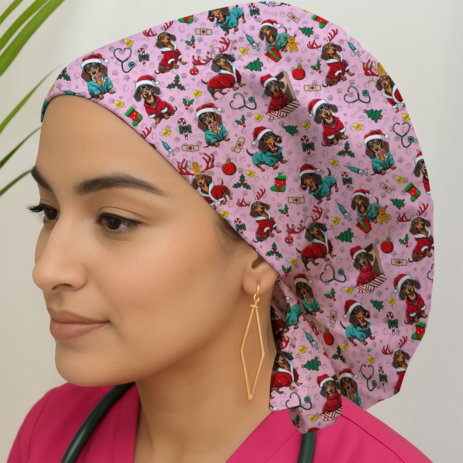Christmas Dachshund Bouffant Scrub Caps for Women - Cute Sausage Dog Holiday Caps - Funny Reindeer & Santa - Breathable Fabrics Caps Uniform