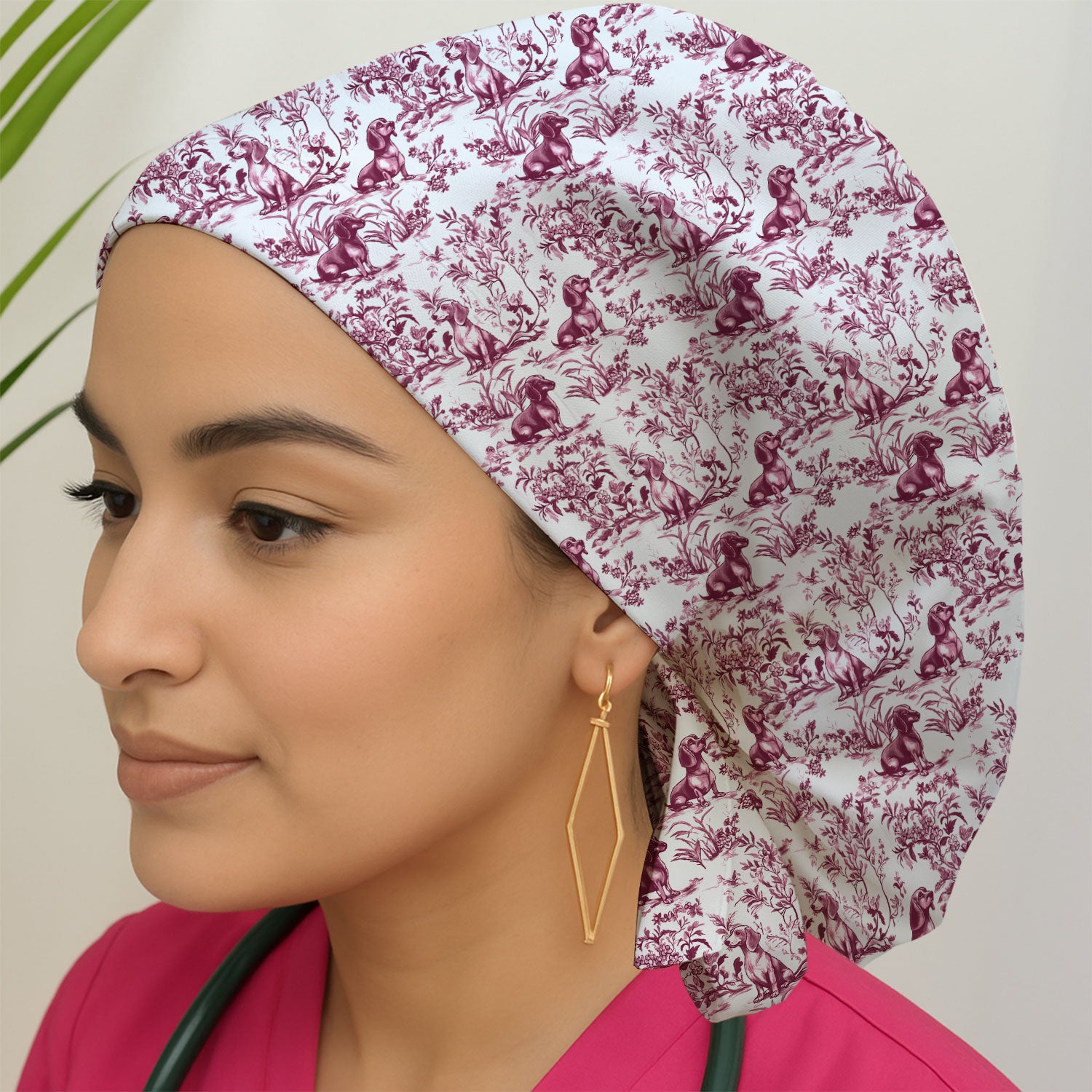 Toile de Jouy Dog Scrub Cap – Elegant Blue Dachshund Pattern – Cute Medical Uniform for Nurses, Vets, and Animal Care Workers