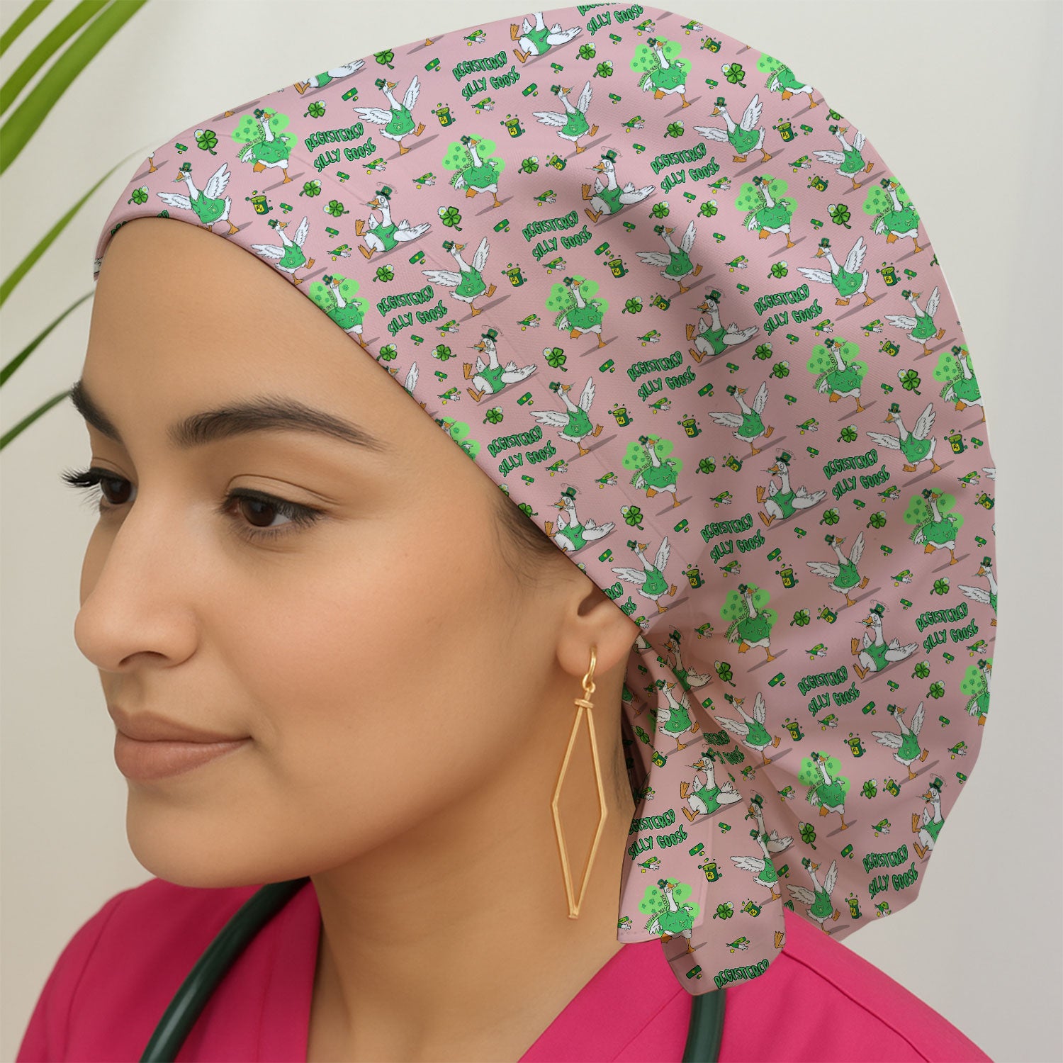 Silly Goose St. Patrick’s Day Scrub Cap, Funny Goose Shamrock Pattern Nurse Scrub Hat, Irish Green Nursing Uniform