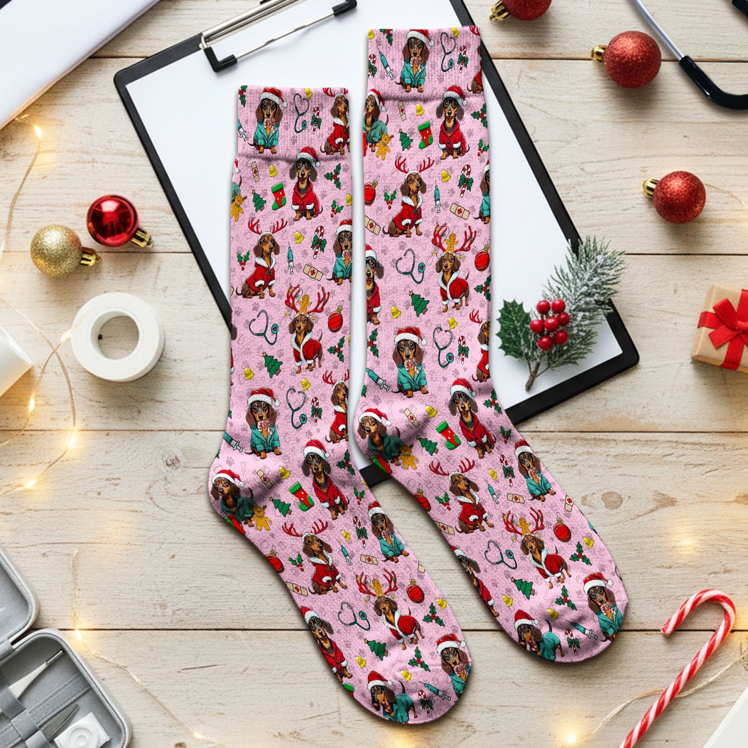Christmas Dachshund Socks for Nurse Doctor - Cute Sausage Dog Funny Reindeer & Santa Adult Socks for Men and Women