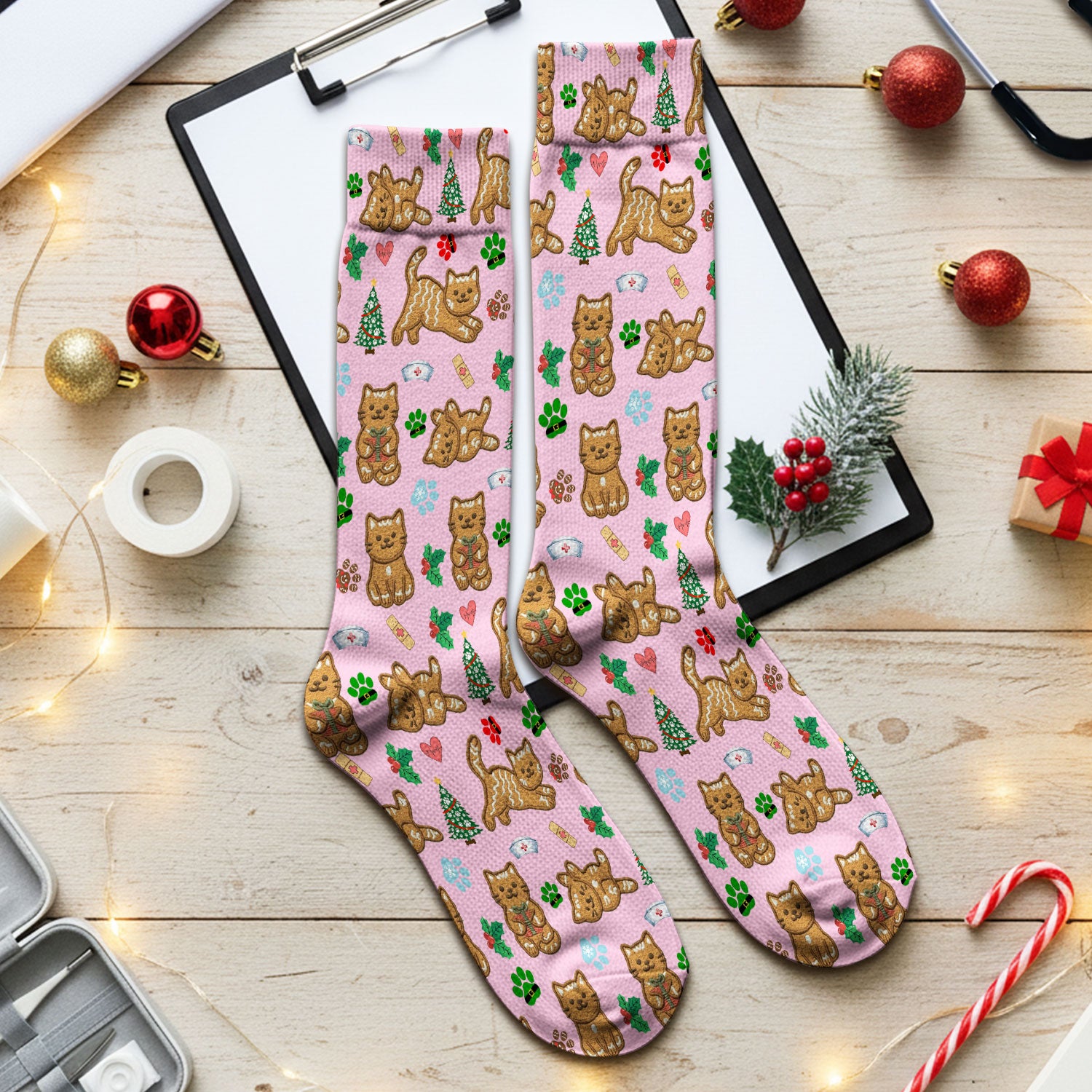 Gingerbread Cat Christmas Scrub Socks, Cute Holiday Kitty Medical Uniform Sock For Nursing, Festive Nurse Pattern