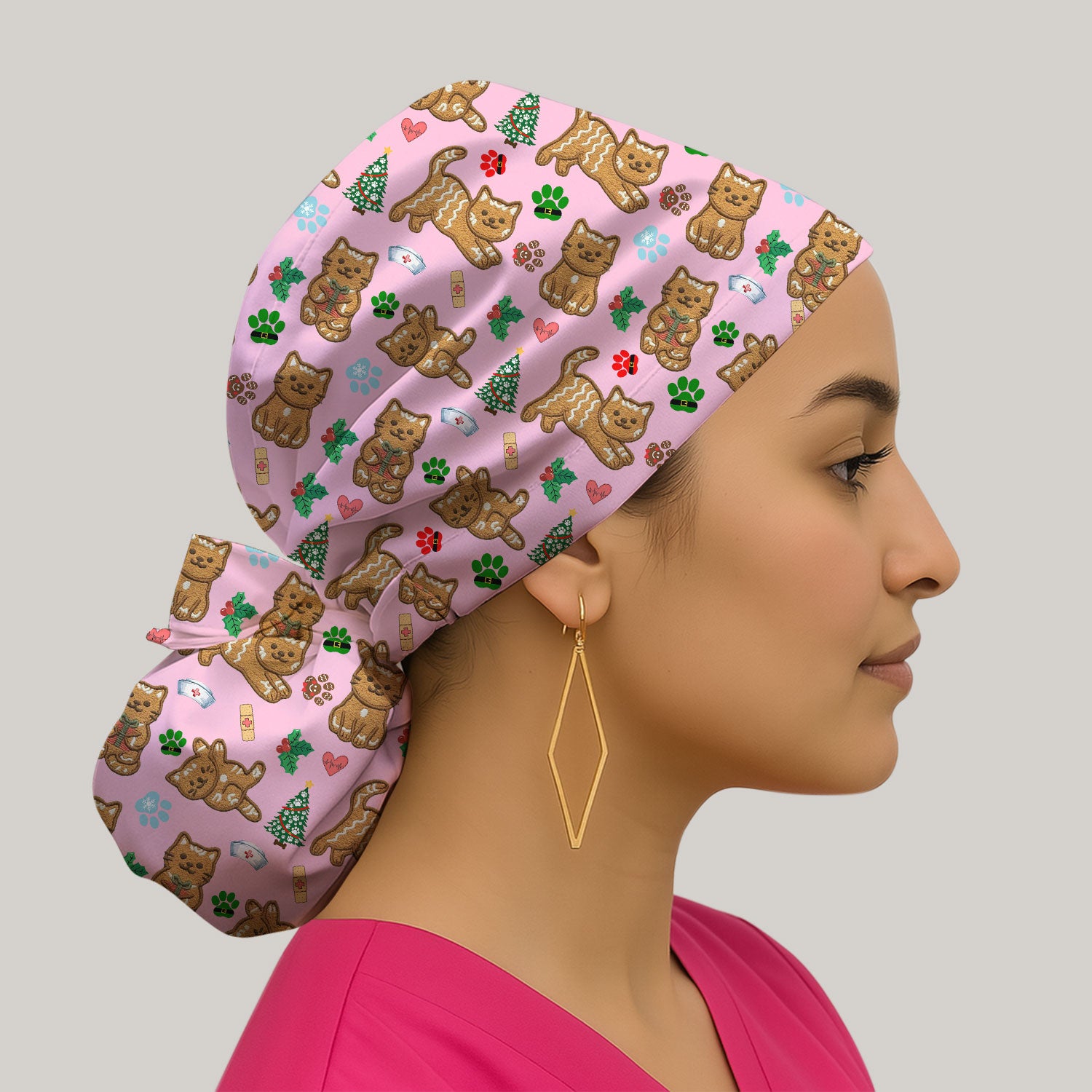 Gingerbread Cat Christmas Scrub Cap, Cute Holiday Kitty Medical Uniform Hat For Nursing, Festive Nurse Pattern