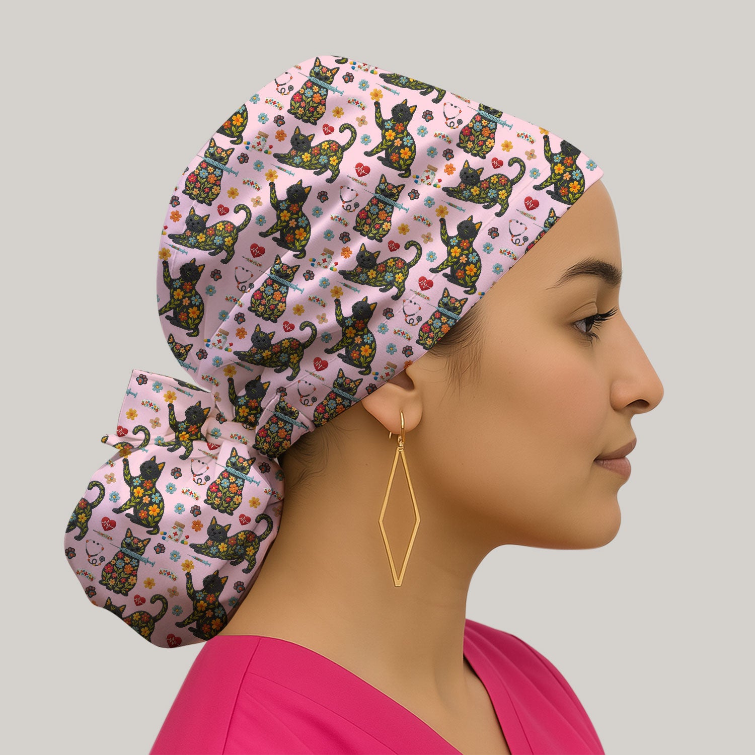 Floral Black Cat Pattern Scrub Cap, Cute Cat Nurse Scrub Hat, Medical Nursing Uniform
