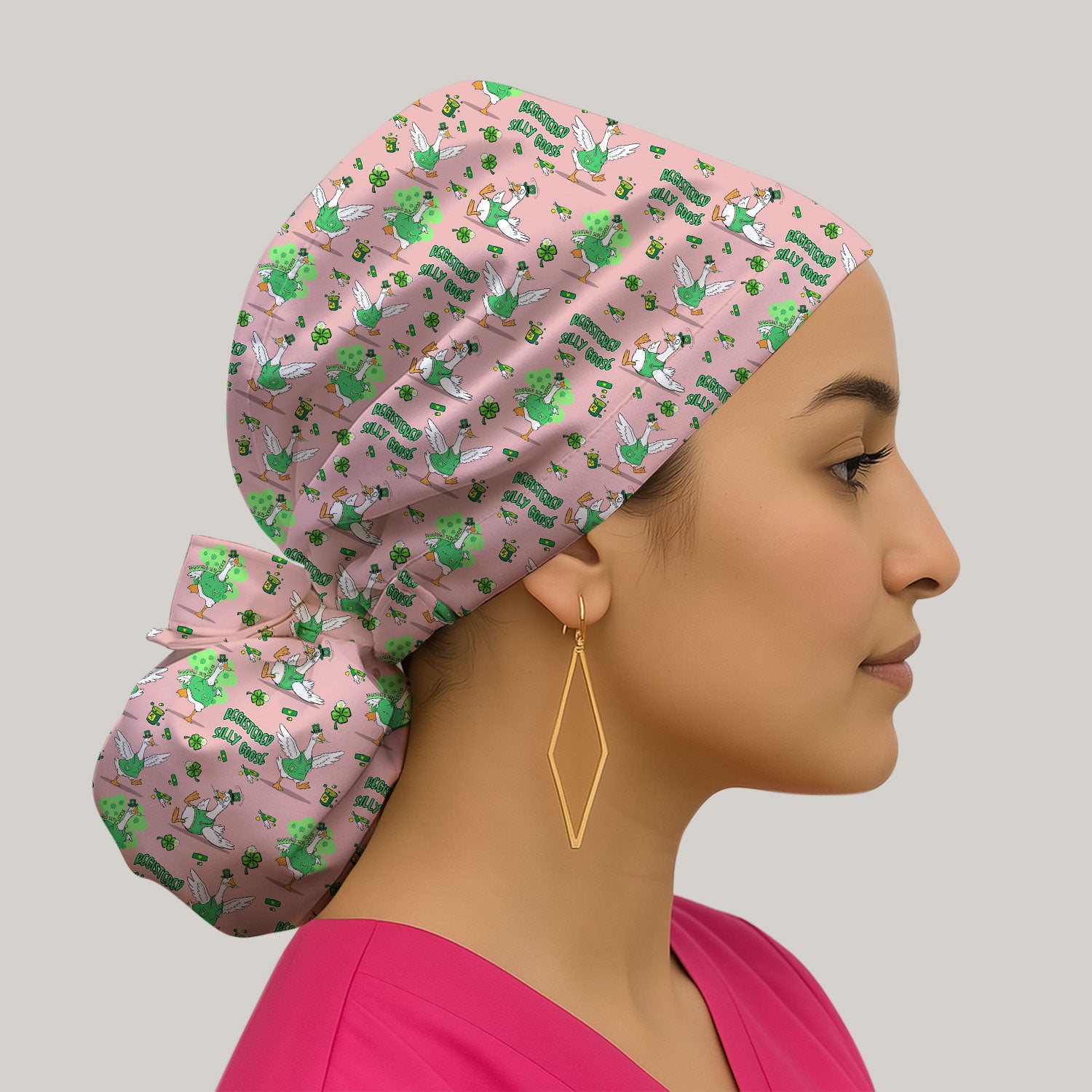 Silly Goose St. Patrick’s Day Scrub Cap, Funny Goose Shamrock Pattern Nurse Scrub Hat, Irish Green Nursing Uniform