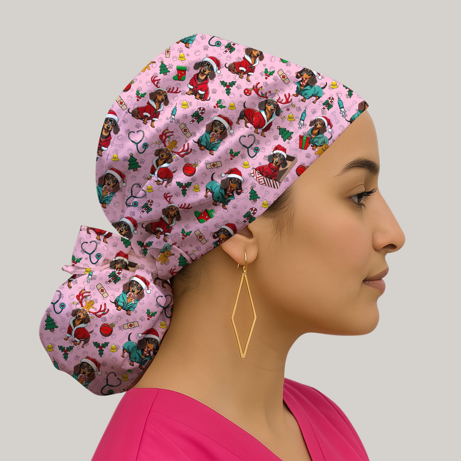 Christmas Dachshund Bouffant Scrub Caps for Women - Cute Sausage Dog Holiday Caps - Funny Reindeer & Santa - Breathable Fabrics Caps Uniform