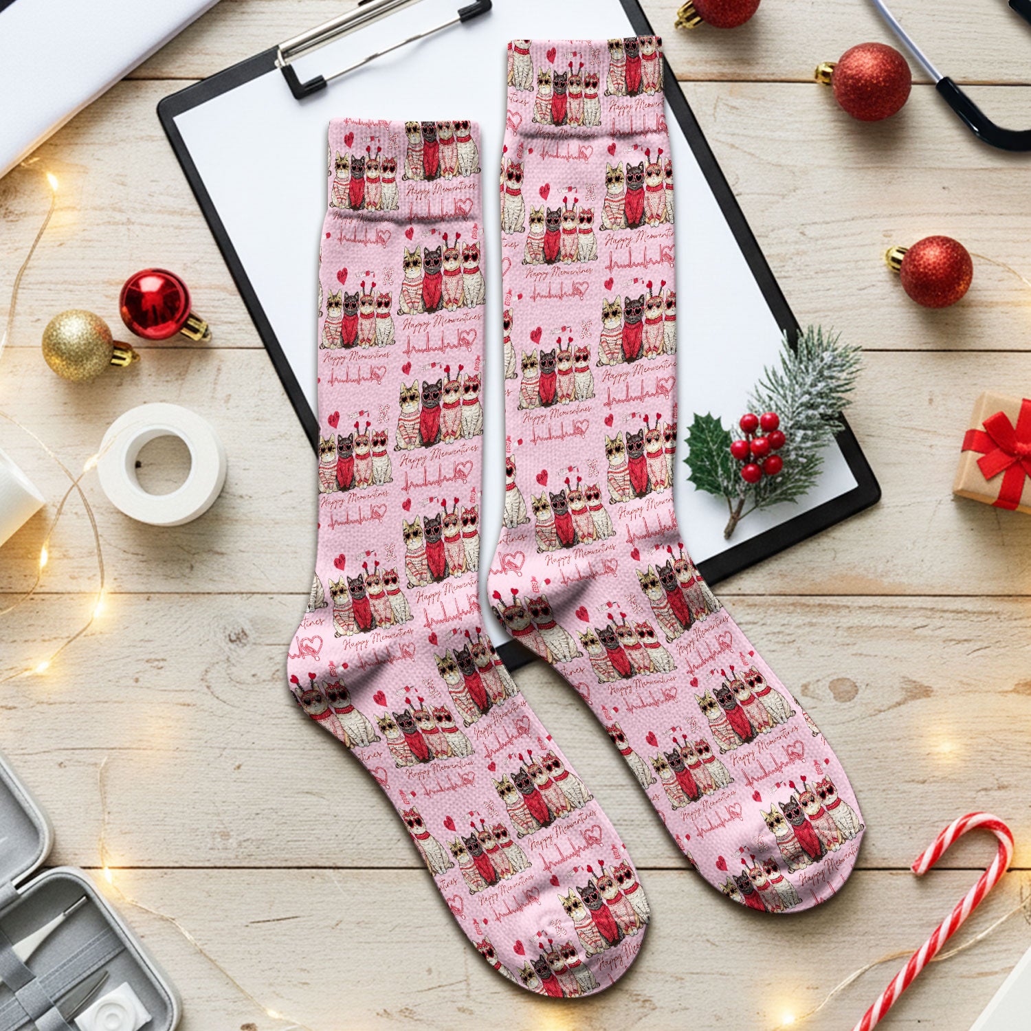 Happy Meowtines Cat Pattern Scrub Socks, Valentine Cat Lover Nurse Scrub Sock, Heartbeat Medical Pattern Nursing Uniform
