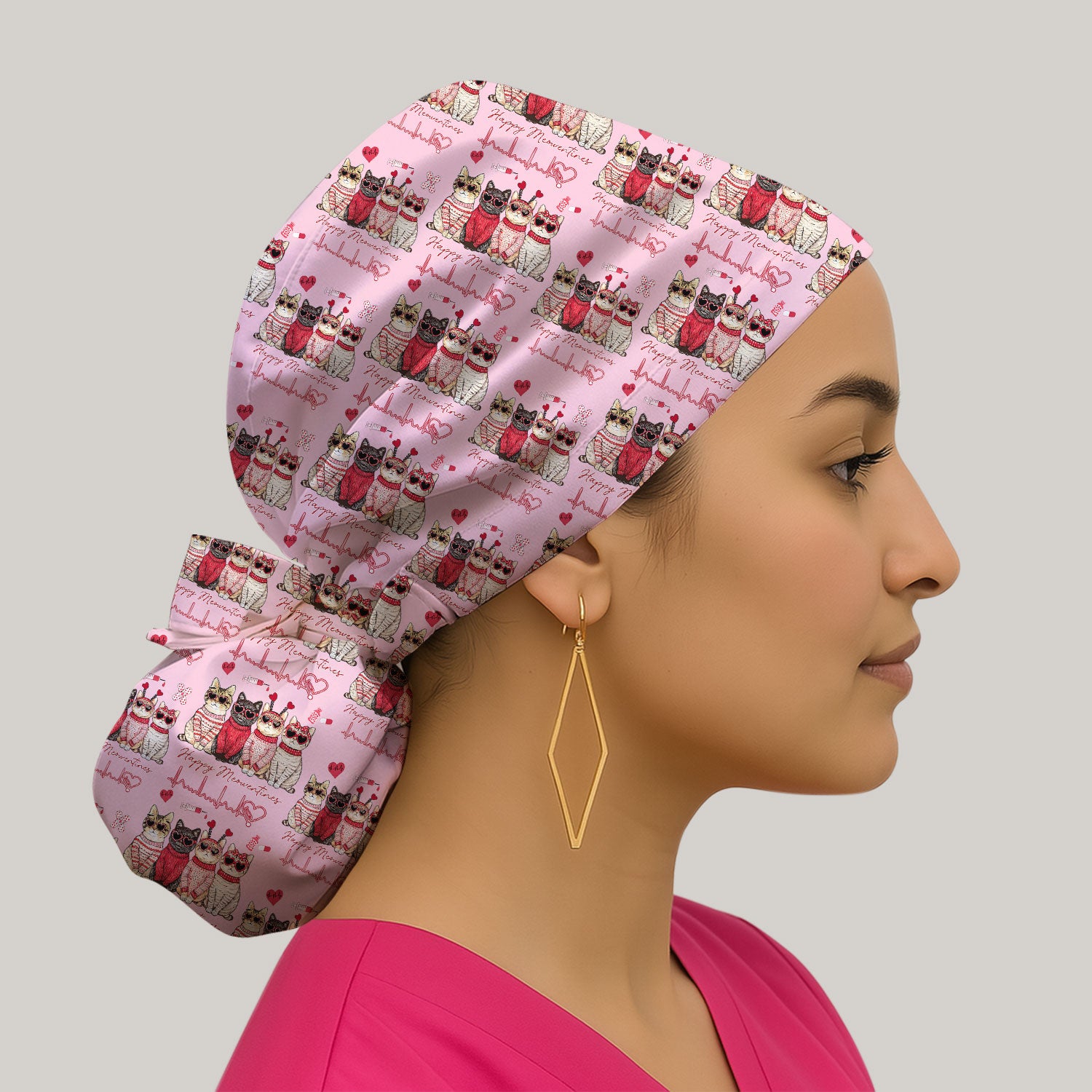 Happy Meowtines Cat Pattern Scrub Cap, Valentine Cat Lover Nurse Scrub Hat, Heartbeat Medical Pattern Nursing Uniform