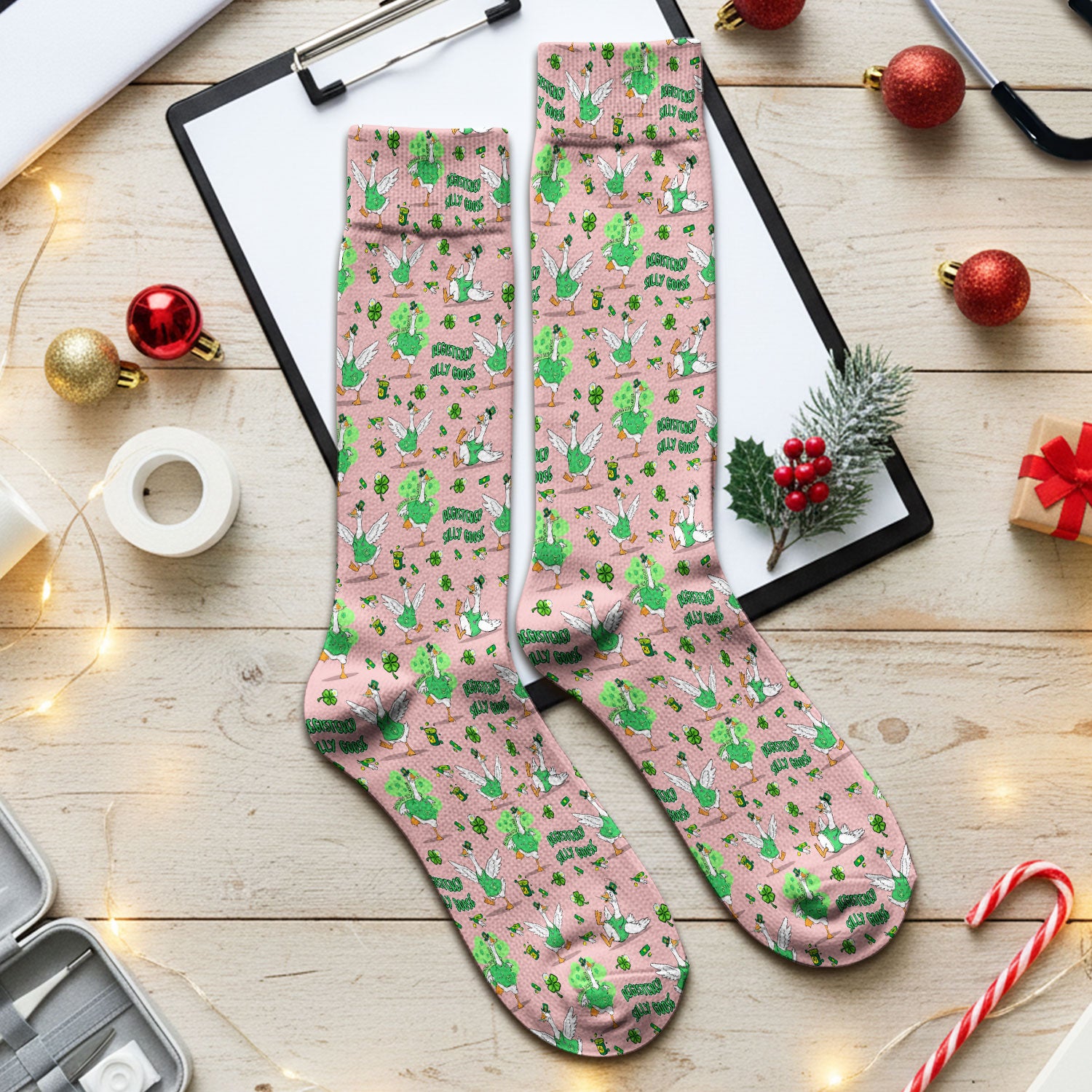 Silly Goose St. Patrick’s Day Scrub Socks, Funny Goose Shamrock Pattern Nurse Scrub Sock, Irish Green Nursing Uniform