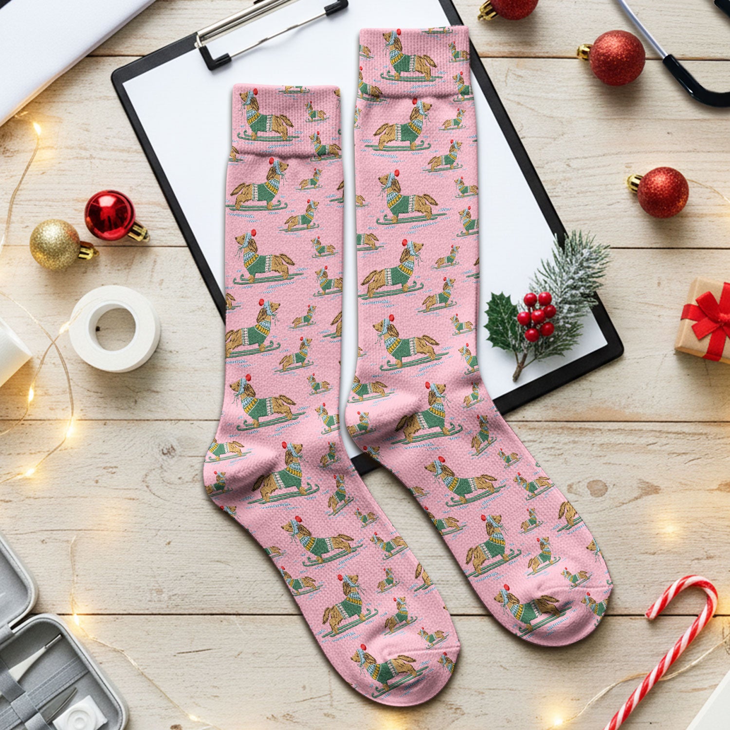 Dachshund Nurse Scrub Socks, Wiener Dog Winter Pattern Sock, Breathable Fabrics Nursing Uniform