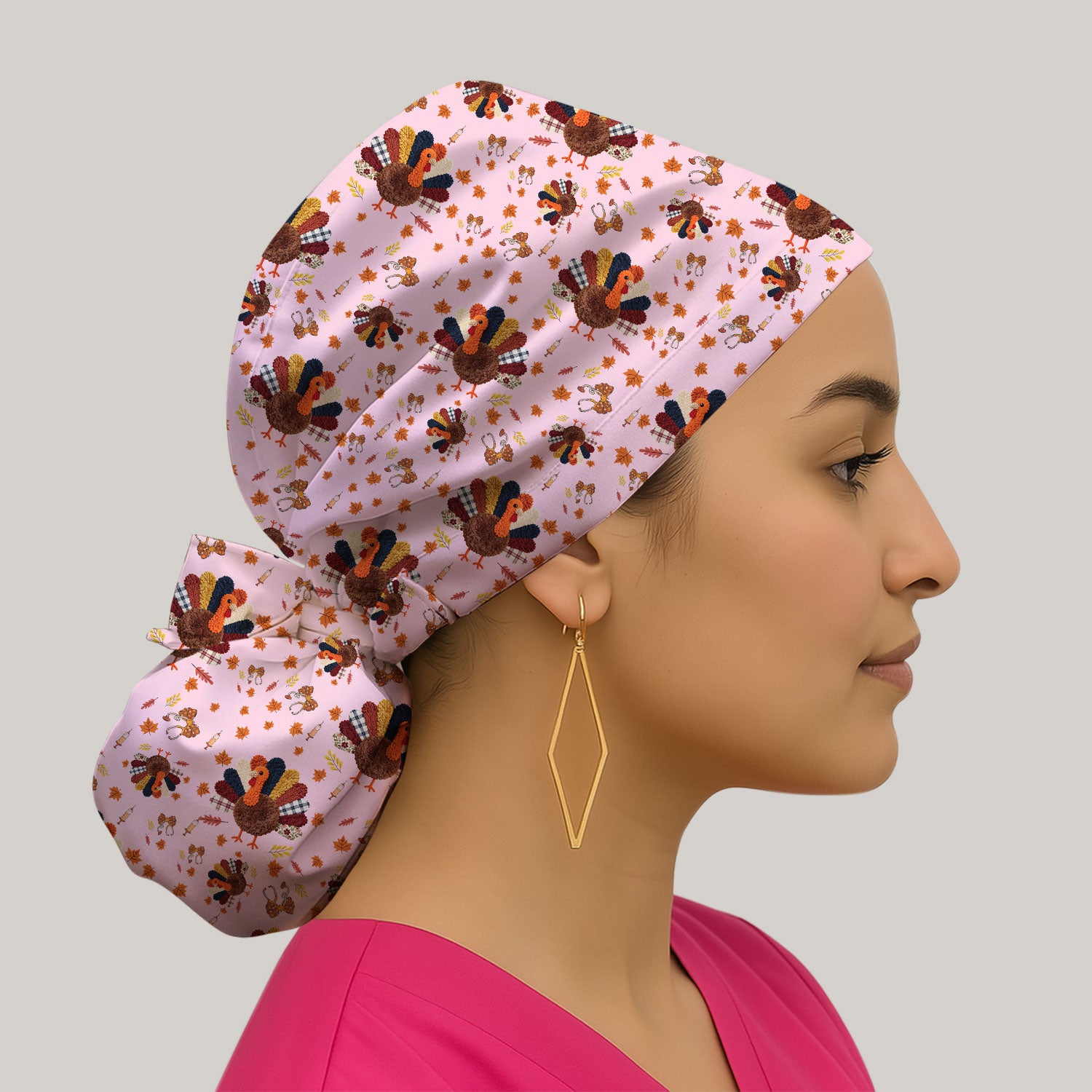 Thanksgiving Bouffant Scrub Caps for Women - Funny Autumn Turkey Surgical Caps for Doctors - Breathable Fabrics Caps Uniform