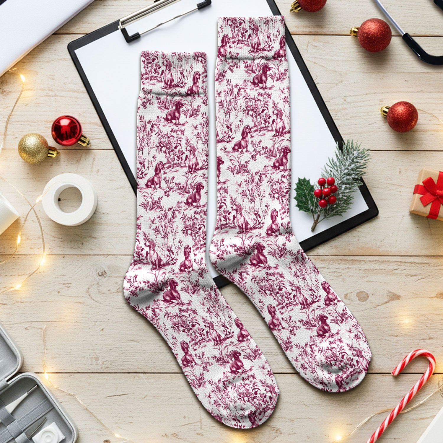 Toile de Jouy Dog Scrub Socks – Elegant Blue Dachshund Pattern – Cute Medical Uniform for Nurses, Vets, and Animal Care Workers