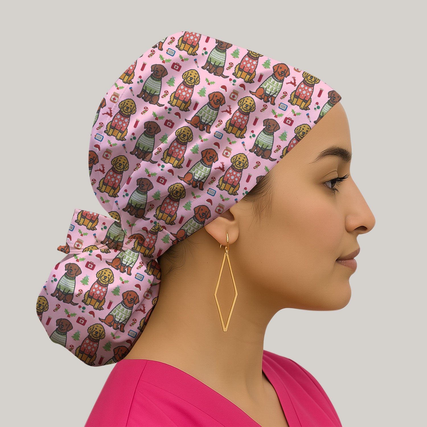 Golden Retriever Christmas Scrub Cap, Cute Holiday Dog Nurse Pattern Hat, Breathable Fabrics Nursing Uniform