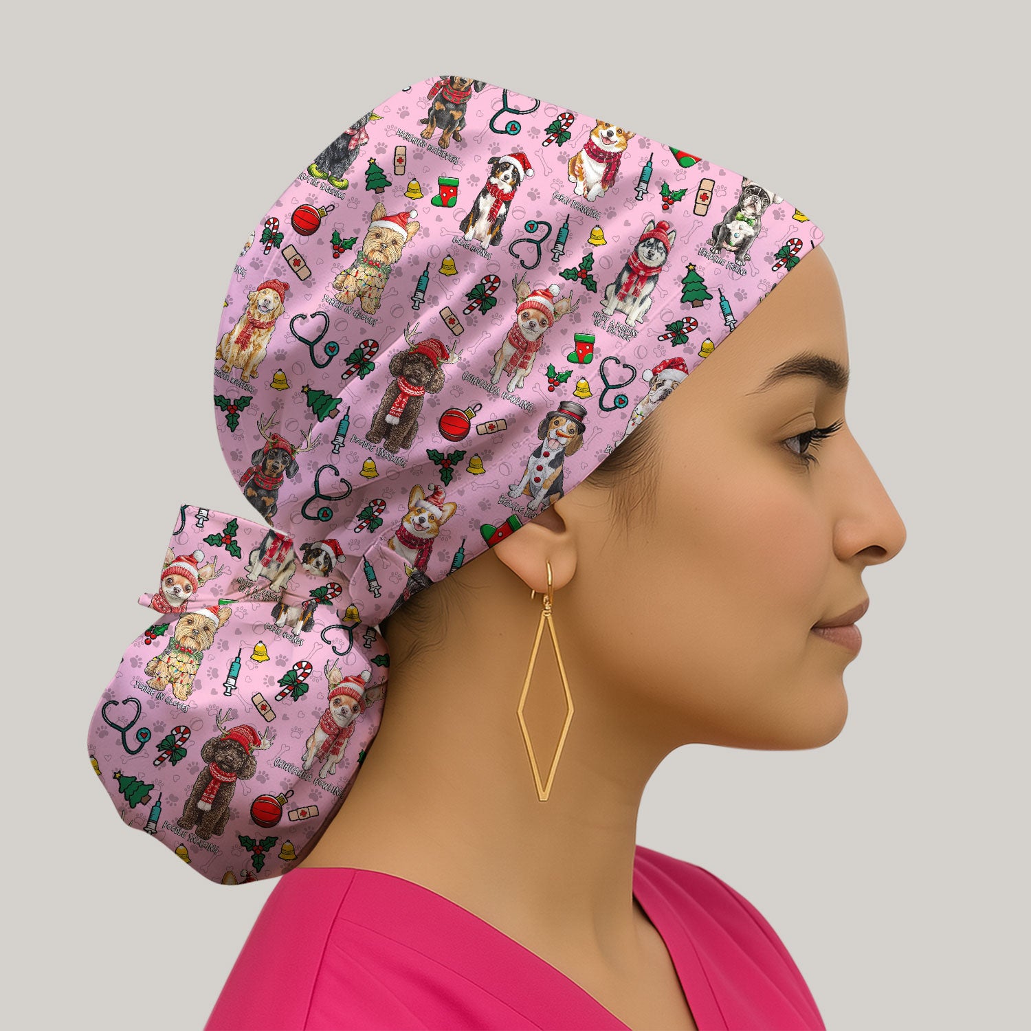 Cute Christmas Dog Bouffant Scrub Caps for Women - Corgi, Dachshund, Husky, Poodle & Labrador Surgical Caps for Doctors - Breathable Fabrics Caps Uniform