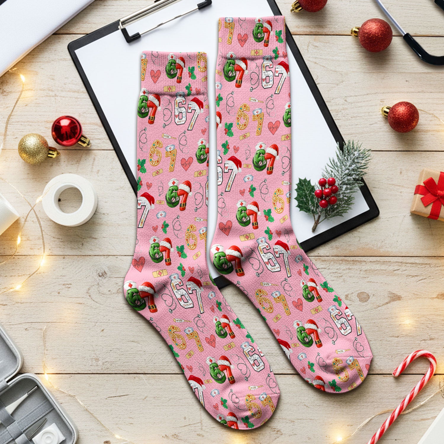 Christmas Nurse 67 Pattern Scrub Socks, Cute Holiday Medical Sock With Santa Hat, Uniform For Nursing