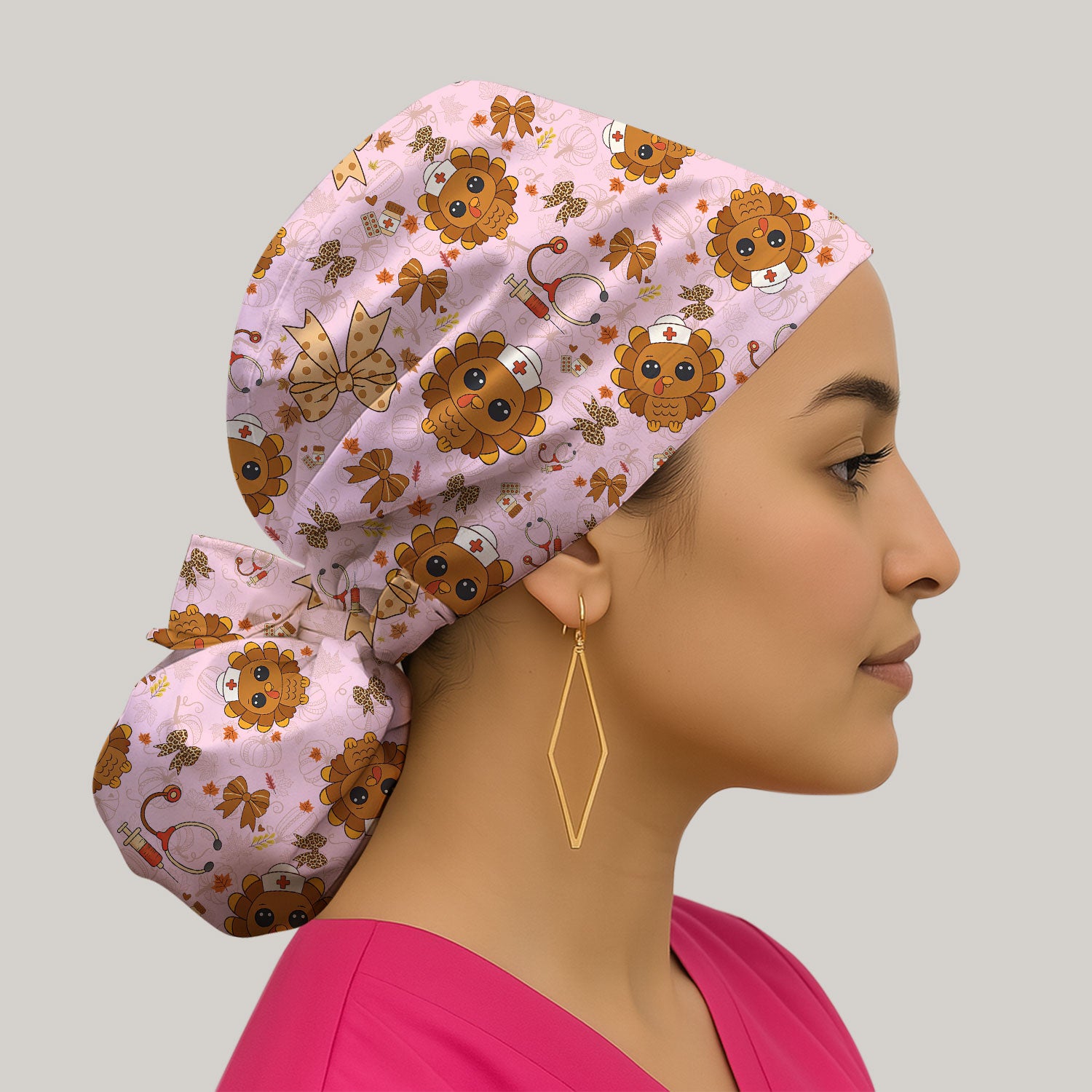 Thanksgiving Bouffant Scrub Caps for Women - Fall Leaves and Bow Holiday Nursing Gift - Breathable Fabrics Caps Uniform