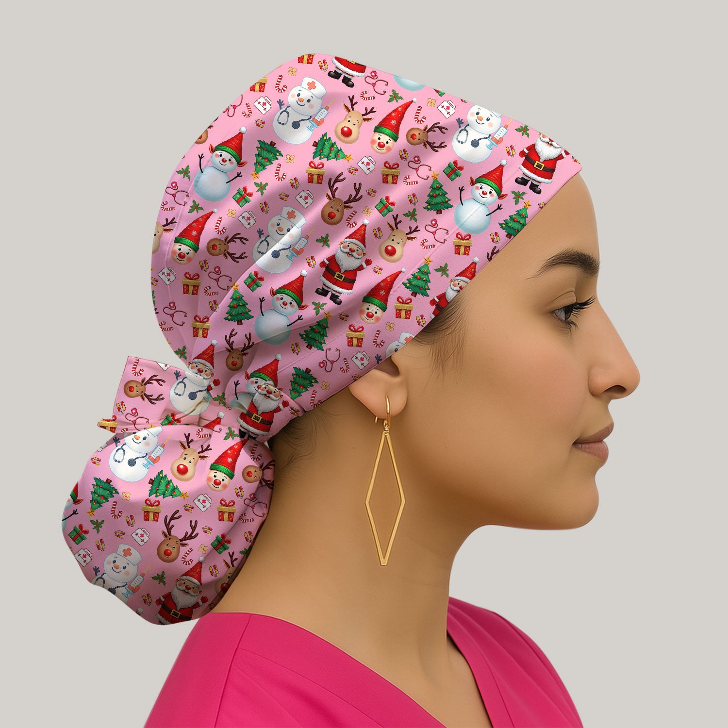 Christmas Bouffant Scrub Caps for Women - Cute Snowman Reindeer Santa Surgical Caps for Doctors - Breathable Fabrics Caps Uniform