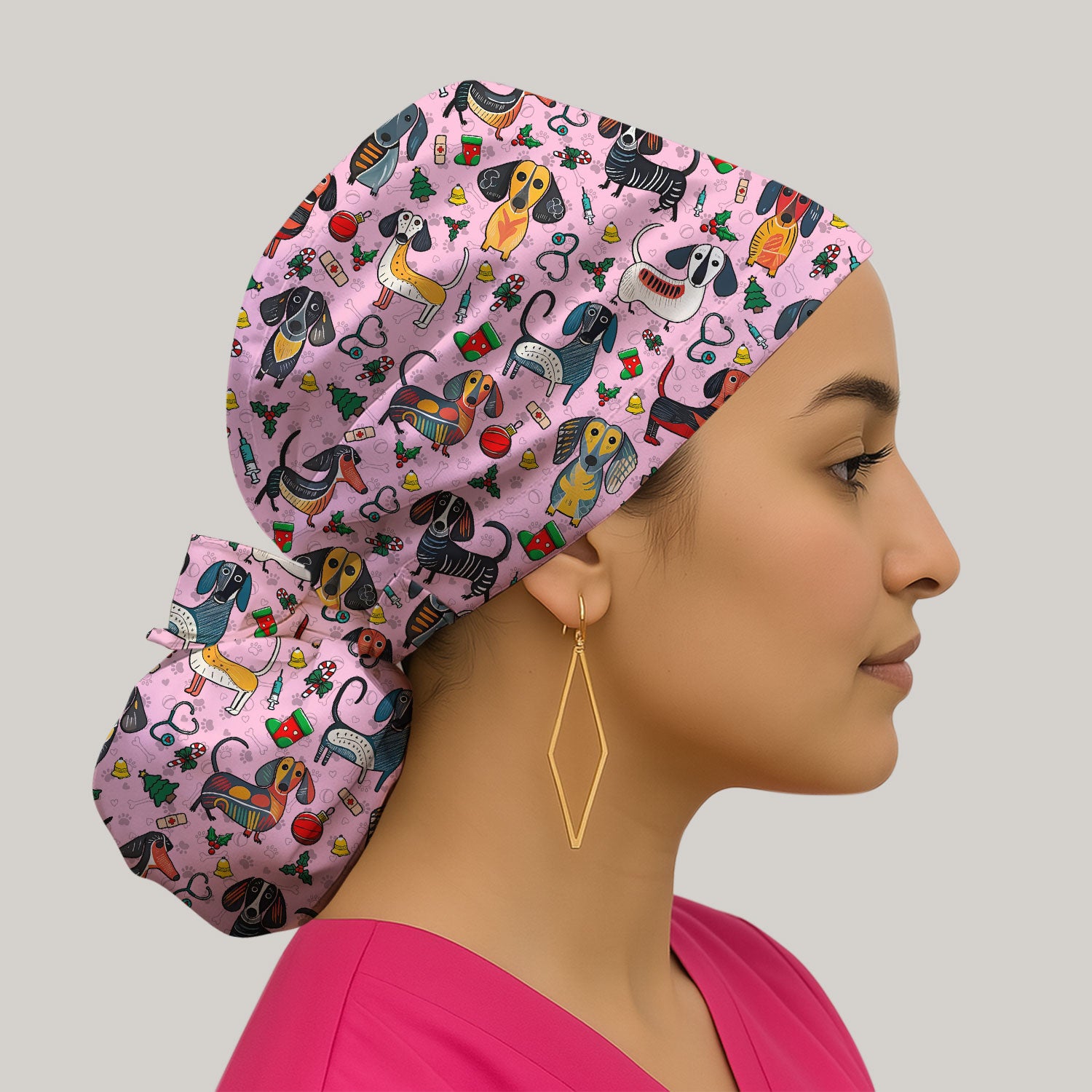 Christmas Wiener Dog Bouffant Scrub Caps for Women - Dachshund Holiday Nursing Gift - Breathable Fabrics Caps Uniform