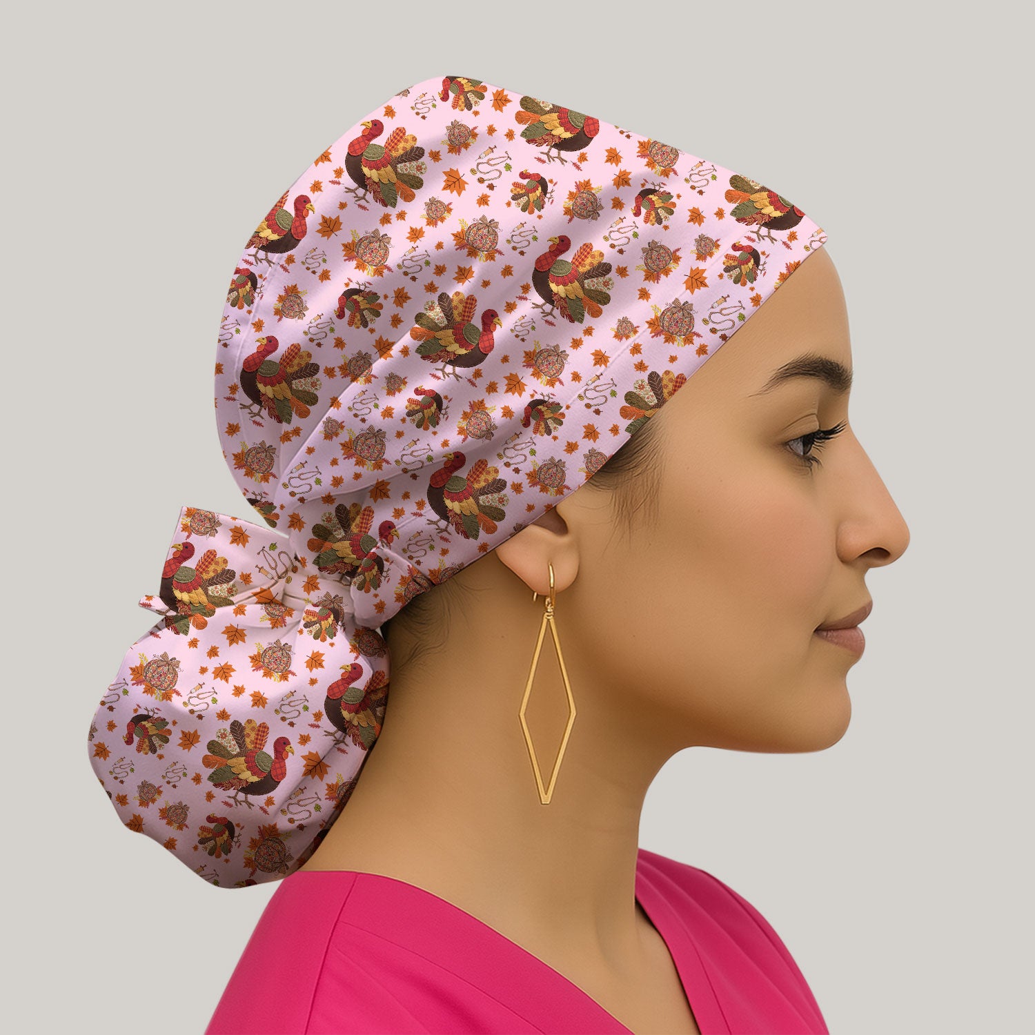 Fall Leaves Thanksgiving Bouffant Scrub Caps for Women - Breathable Fabrics Caps Uniform - Funny Turkey Surgical Caps for Doctors