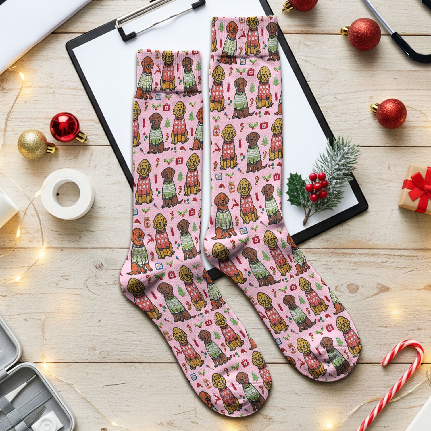Golden Retriever Christmas Scrub Socks, Cute Holiday Dog Nurse Pattern Sock, Breathable Fabrics Nursing Uniform