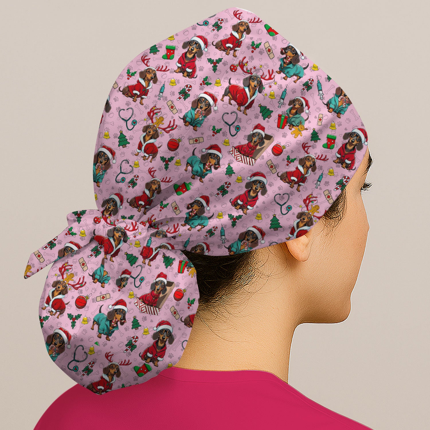 Christmas Dachshund Bouffant Scrub Caps for Women - Cute Sausage Dog Holiday Caps - Funny Reindeer & Santa - Breathable Fabrics Caps Uniform