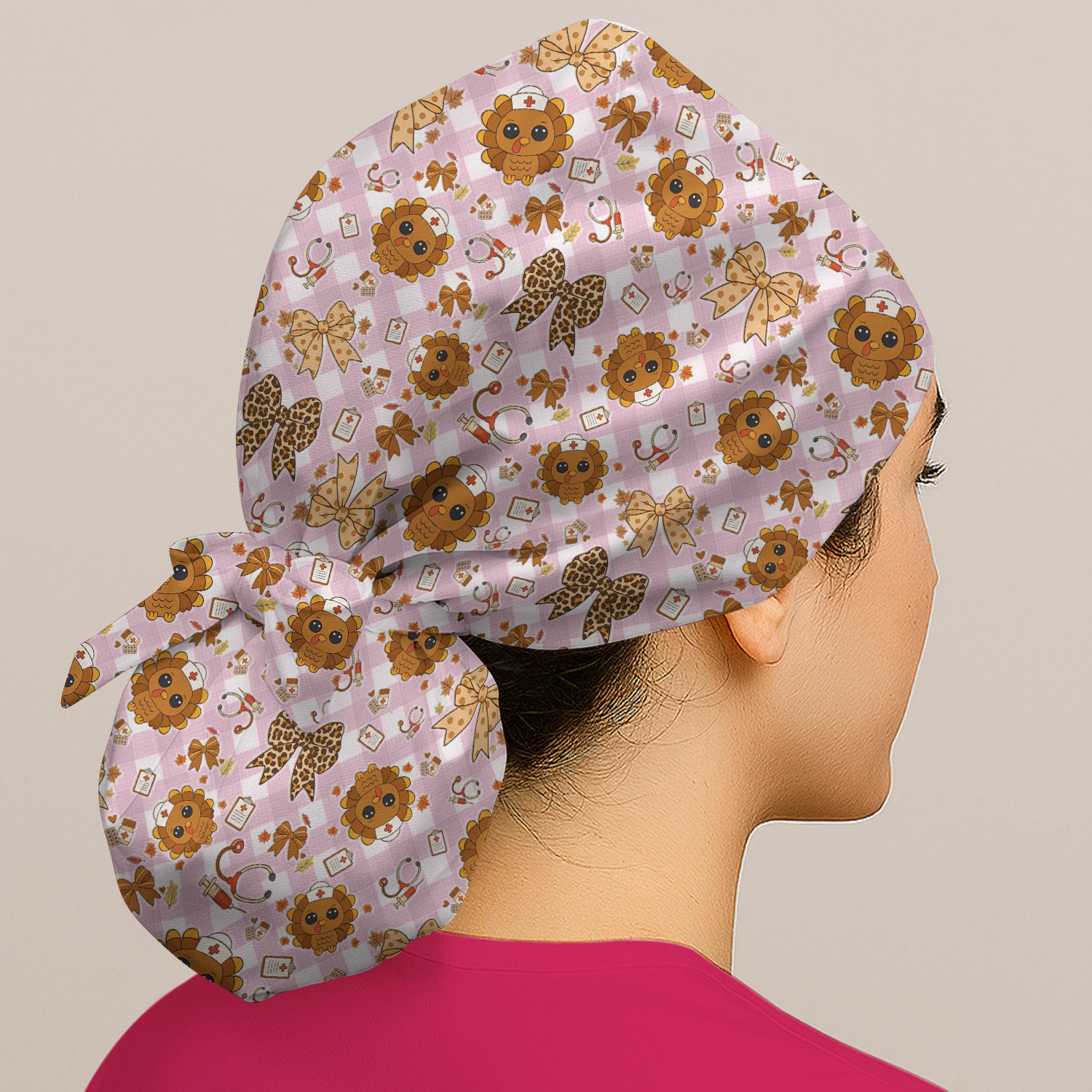Thanksgiving Bouffant Scrub Caps for Women - Cute Turkey Holiday Nursing Gift - Fall Leaves and Bow Caps