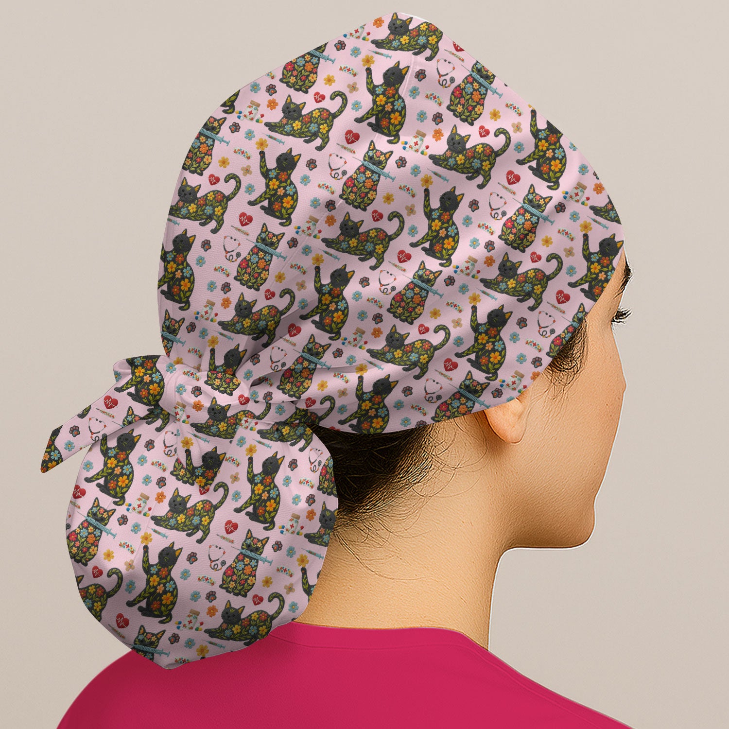 Floral Black Cat Pattern Scrub Cap, Cute Cat Nurse Scrub Hat, Medical Nursing Uniform