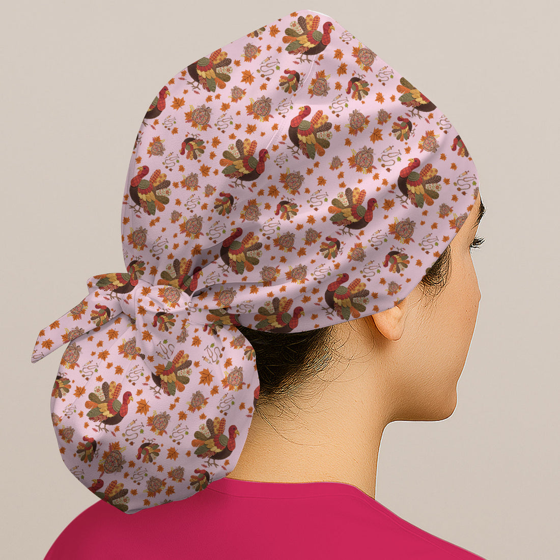 Fall Leaves Thanksgiving Bouffant Scrub Caps for Women - Breathable Fabrics Caps Uniform - Funny Turkey Surgical Caps for Doctors