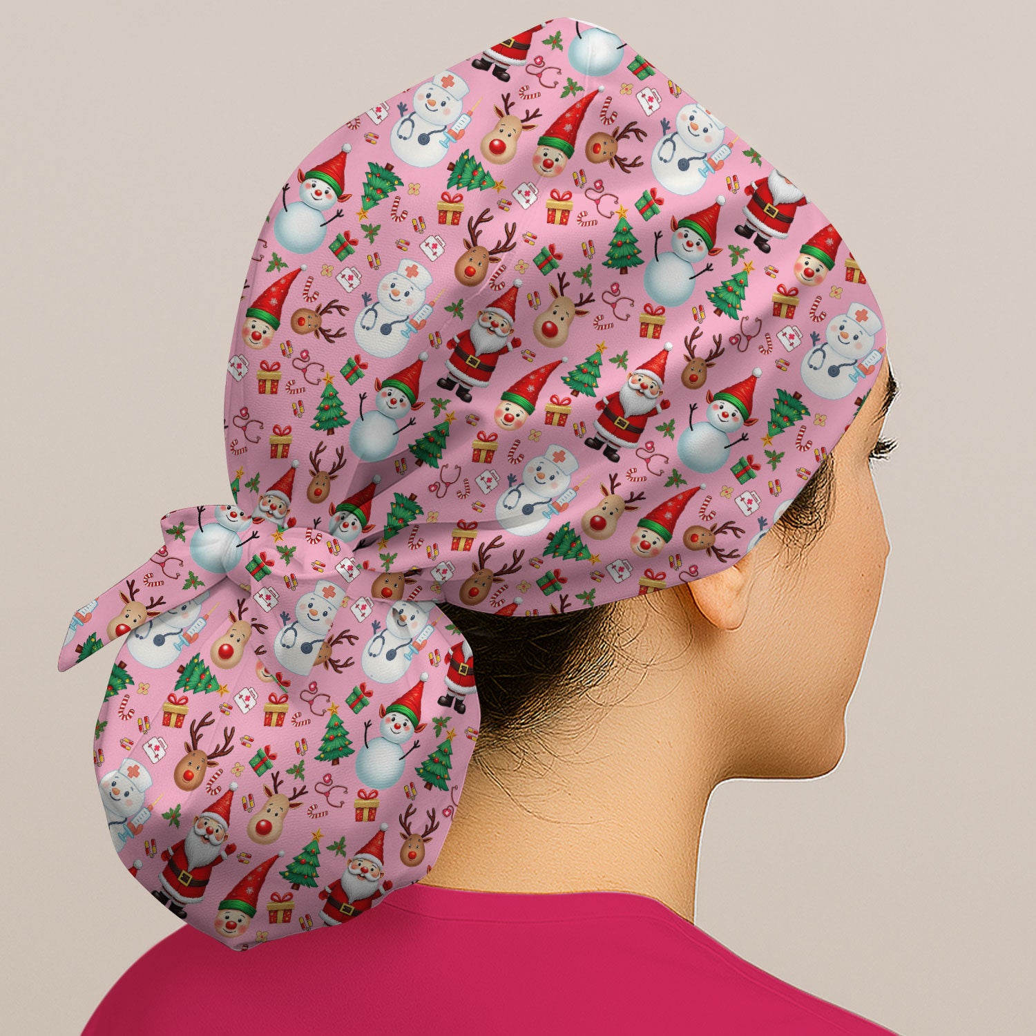 Christmas Bouffant Scrub Caps for Women - Cute Snowman Reindeer Santa Surgical Caps for Doctors - Breathable Fabrics Caps Uniform