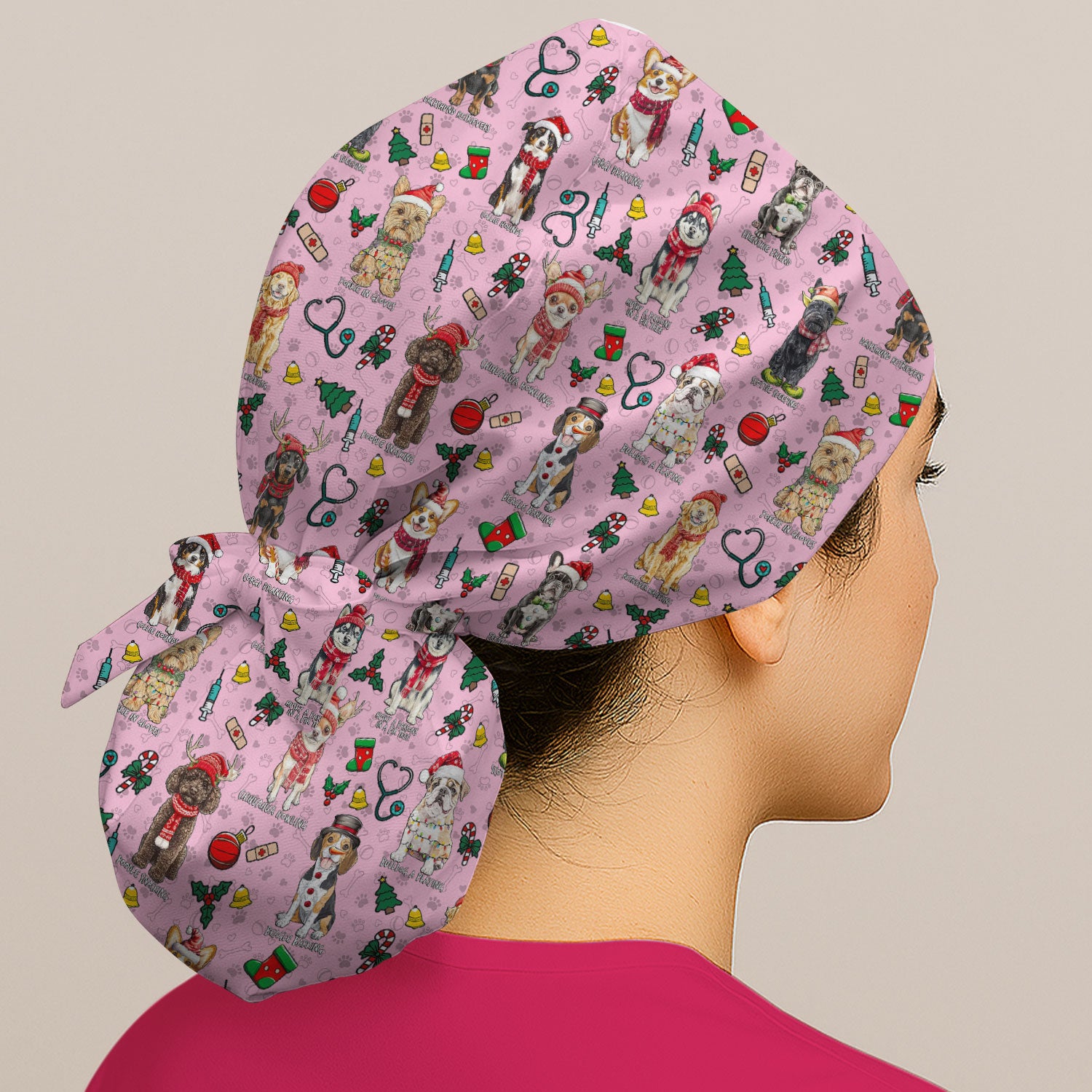 Cute Christmas Dog Bouffant Scrub Caps for Women - Corgi, Dachshund, Husky, Poodle & Labrador Surgical Caps for Doctors - Breathable Fabrics Caps Uniform