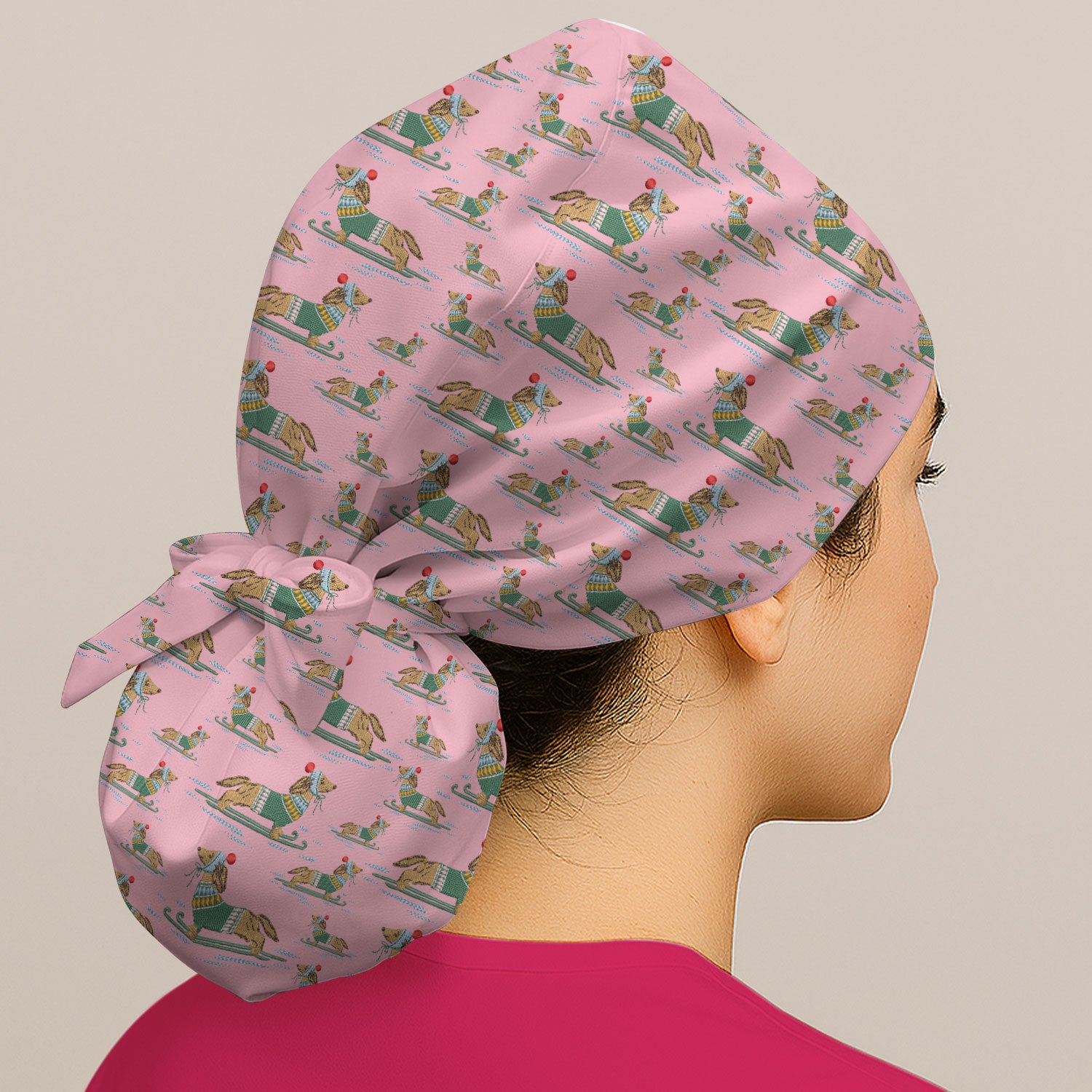 Dachshund Nurse Scrub Cap, Wiener Dog Winter Pattern Hat, Breathable Fabrics Nursing Uniform