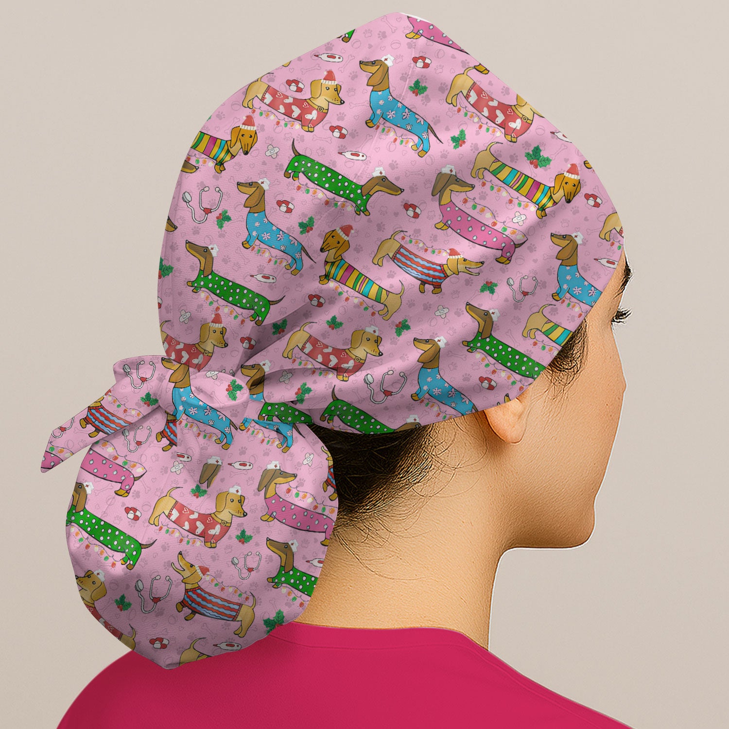Funny Dachshund Bouffant Scrub Caps for Women - Cute Wiener Dog Holiday Nursing Gift - Puppy Lover Gift