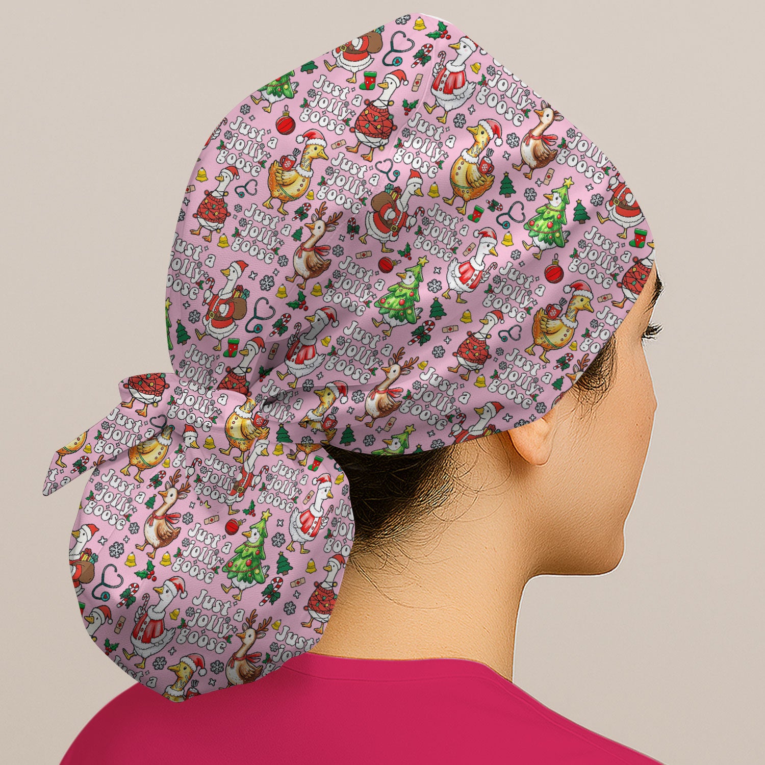 Just a Jolly Goose Bouffant Scrub Caps for Women - Santa Goose Holiday Nursing Gift - Breathable Fabrics Caps Uniform
